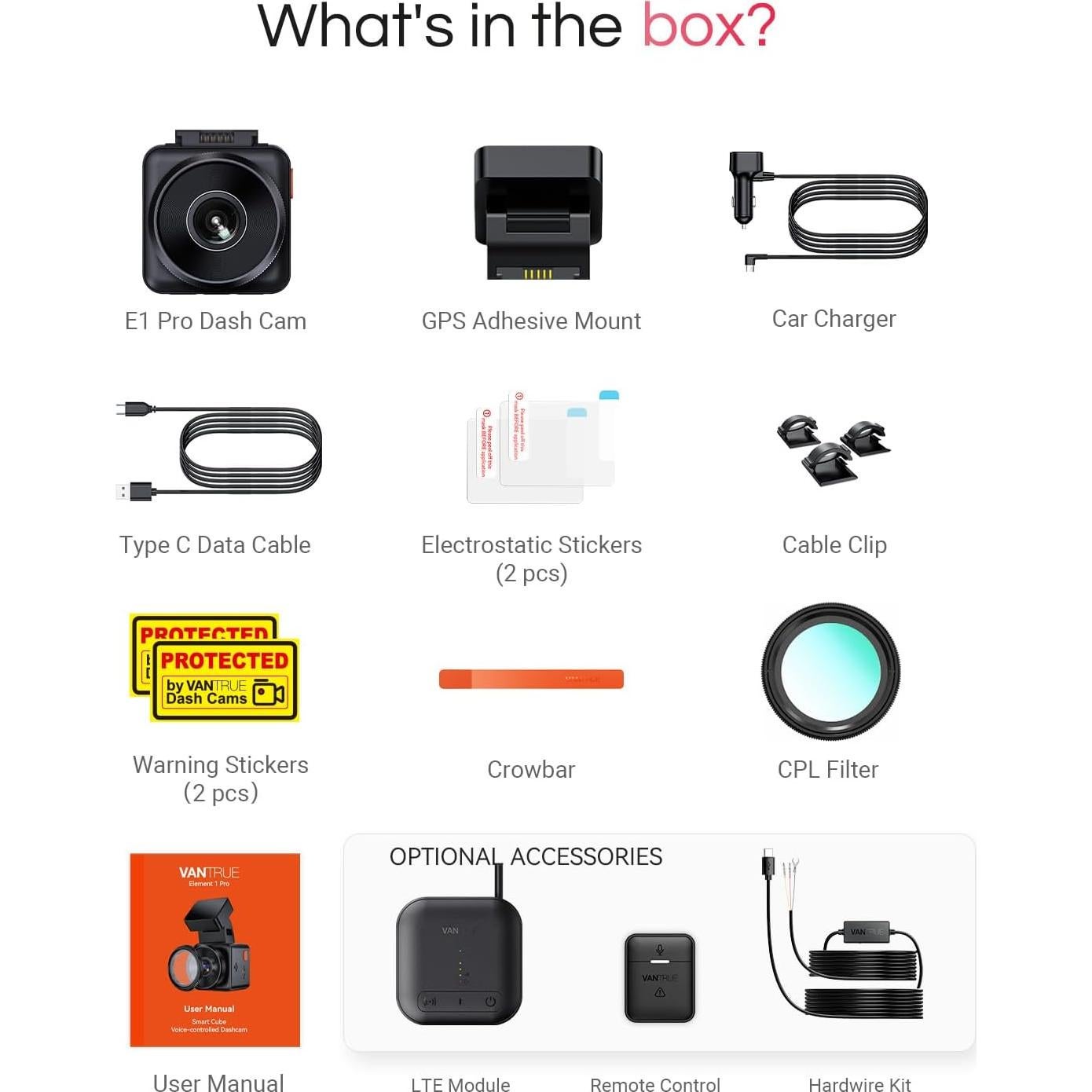 Cámara de Tablero Vantrue E1 Pro 4K con GPS y WiFi 5G