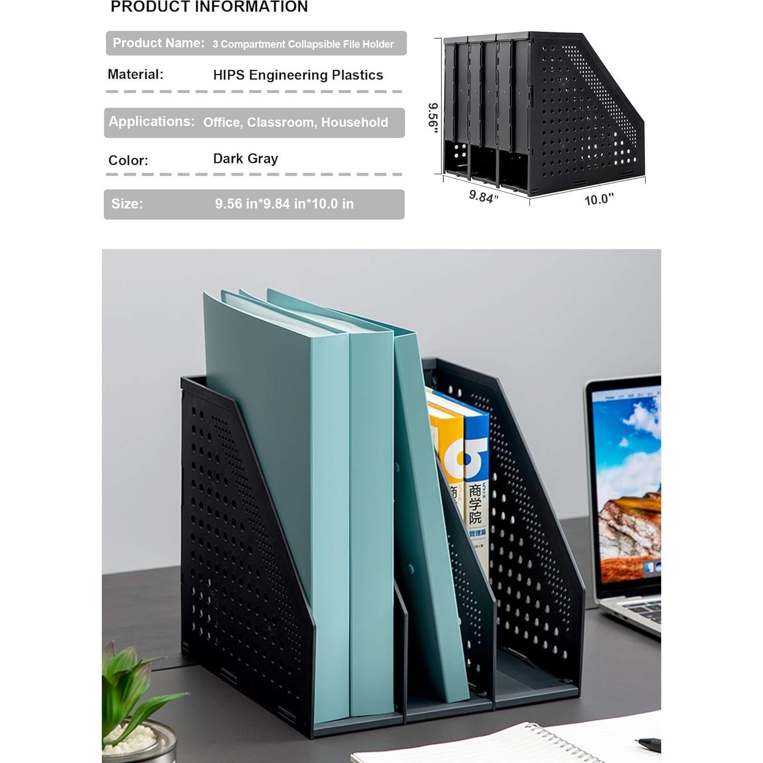 Soporte de Revistas Plegable Leven 3 Compartimentos Gris