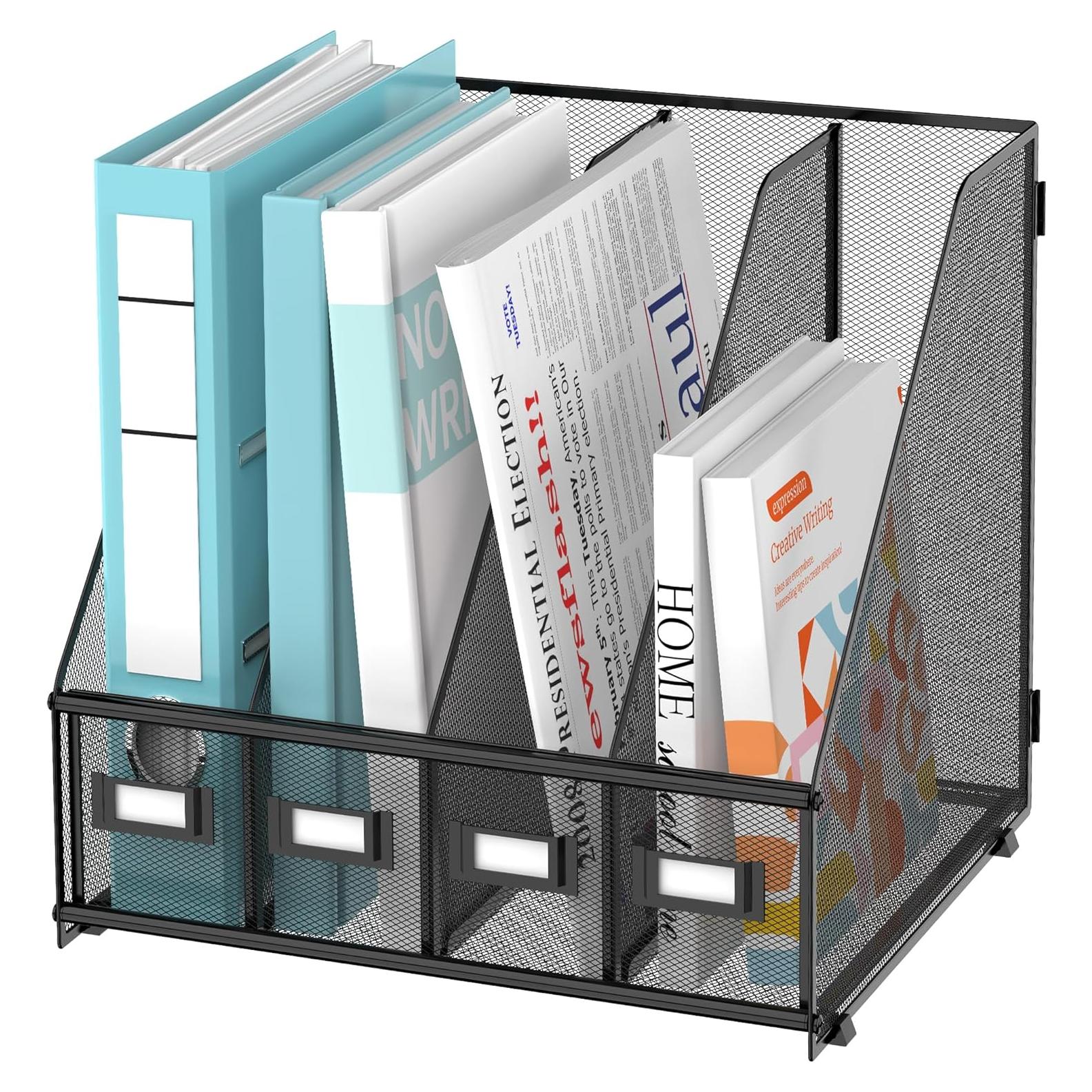 Soporte para Revistas SUPEASY Organizador de Escritorio Metal 4 Compartimentos Negro