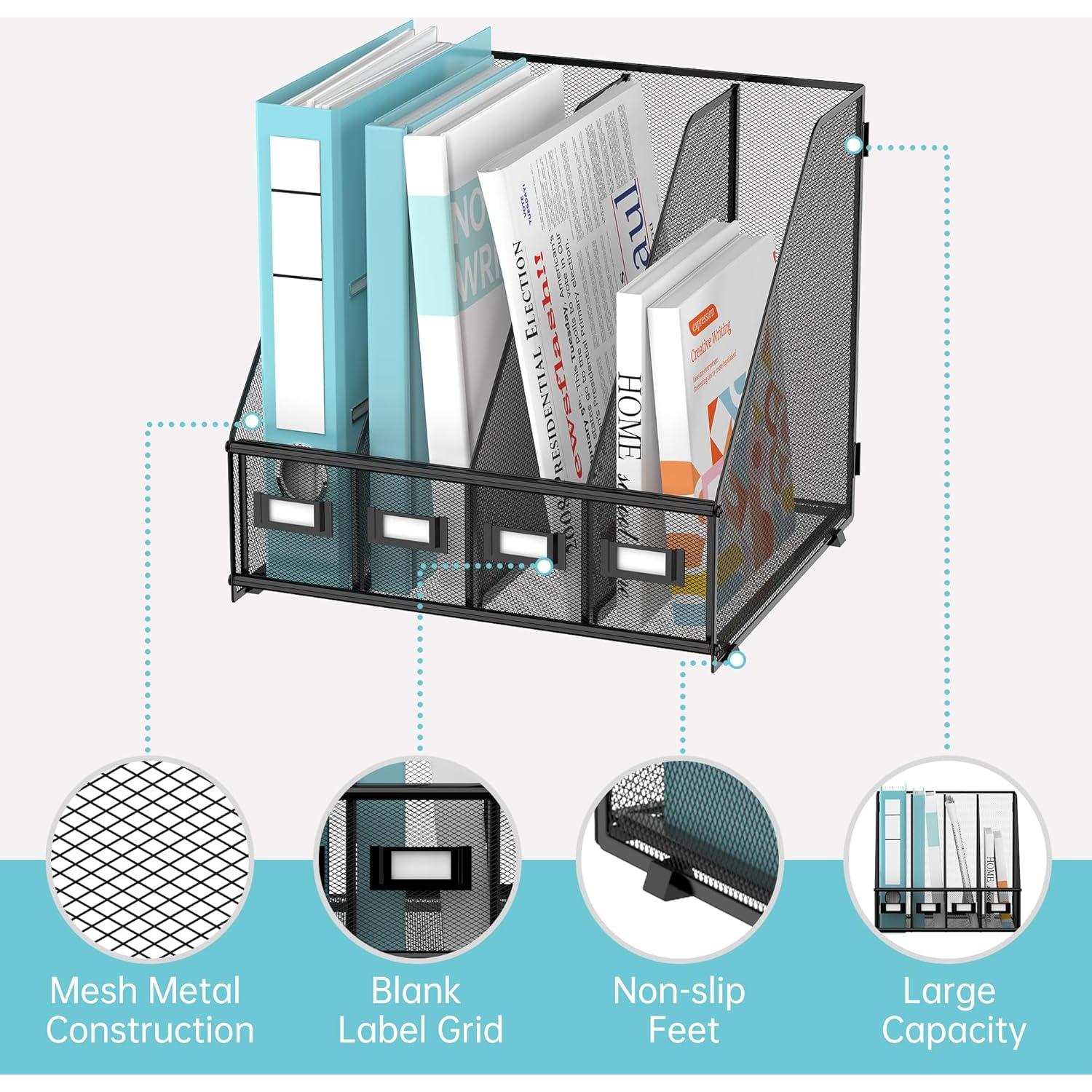 Soporte para Revistas SUPEASY Organizador de Escritorio Metal 4 Compartimentos Negro