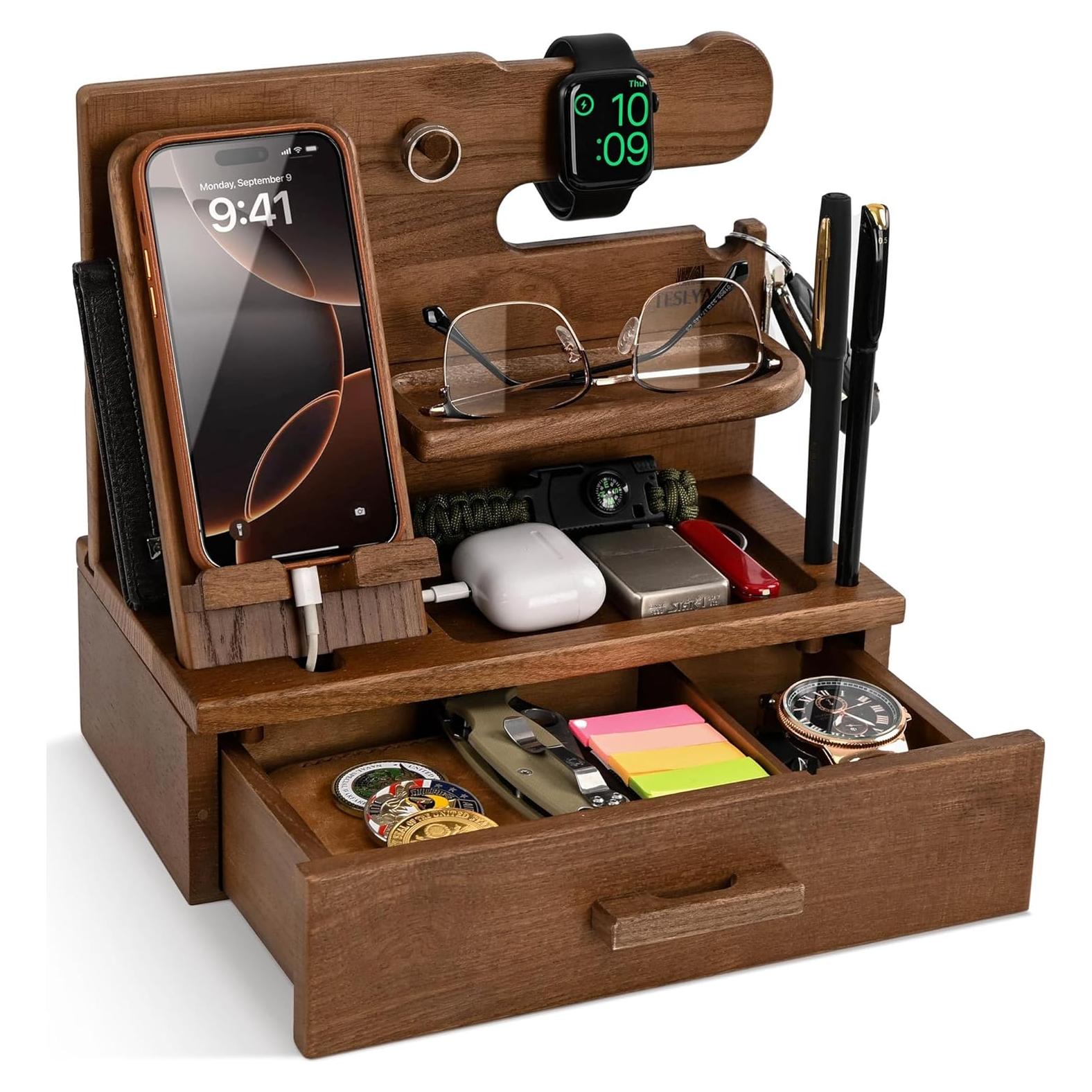 Estación de Carga de Madera Teslyar con Cajón Beige