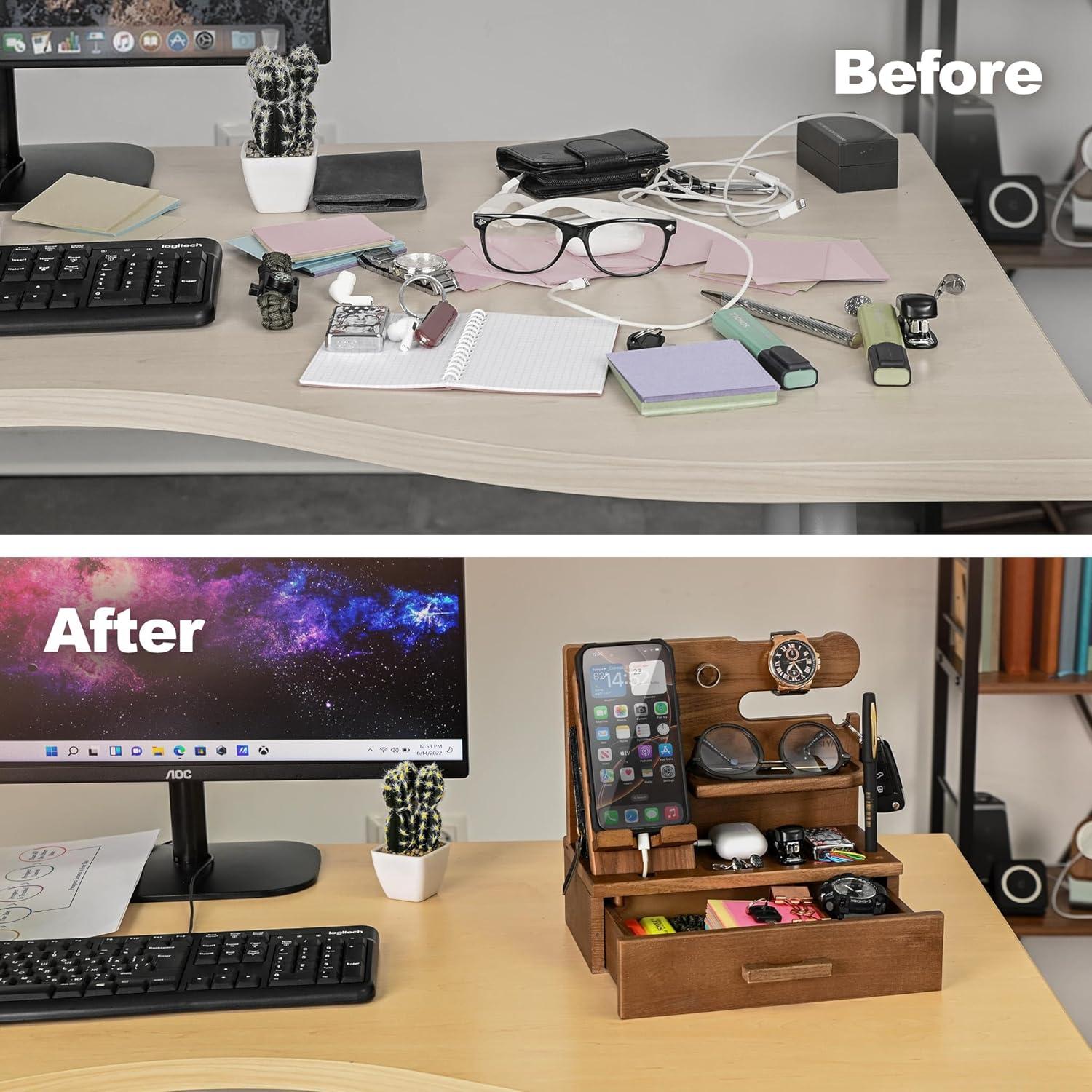 Estación de Carga de Madera Teslyar con Cajón Beige