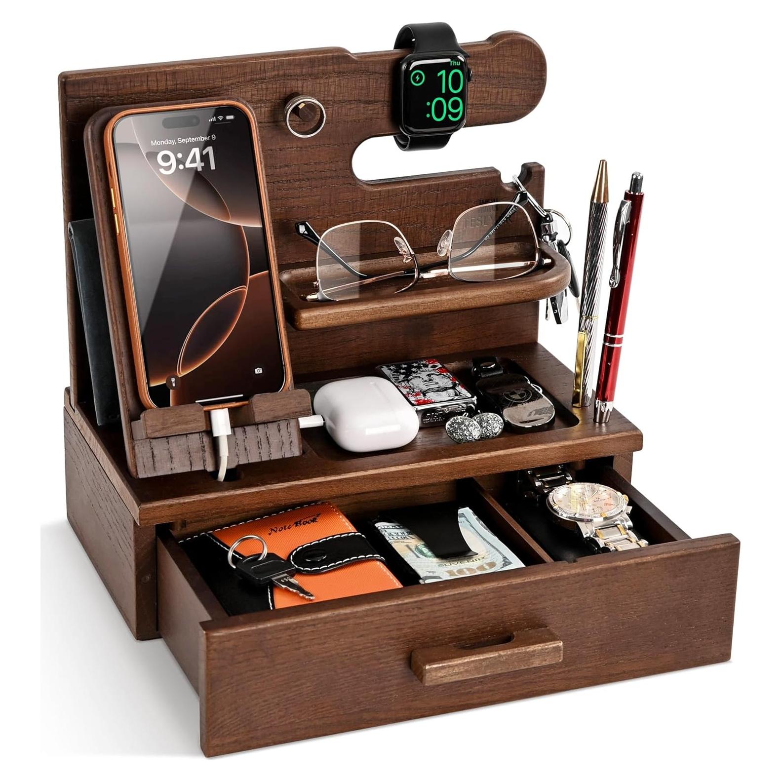 Estación de Carga de Madera Teslyar con Cajón - Organizador Multifuncional