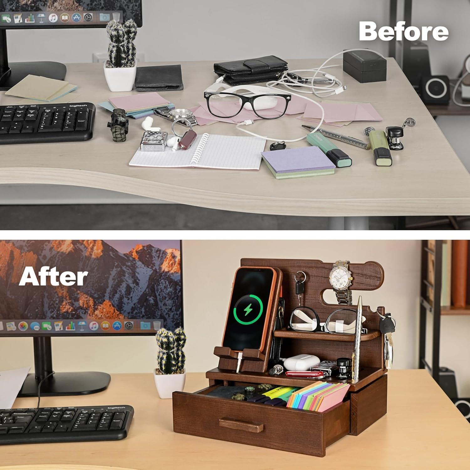 Estación de Carga de Madera Teslyar con Cajón - Organizador Multifuncional