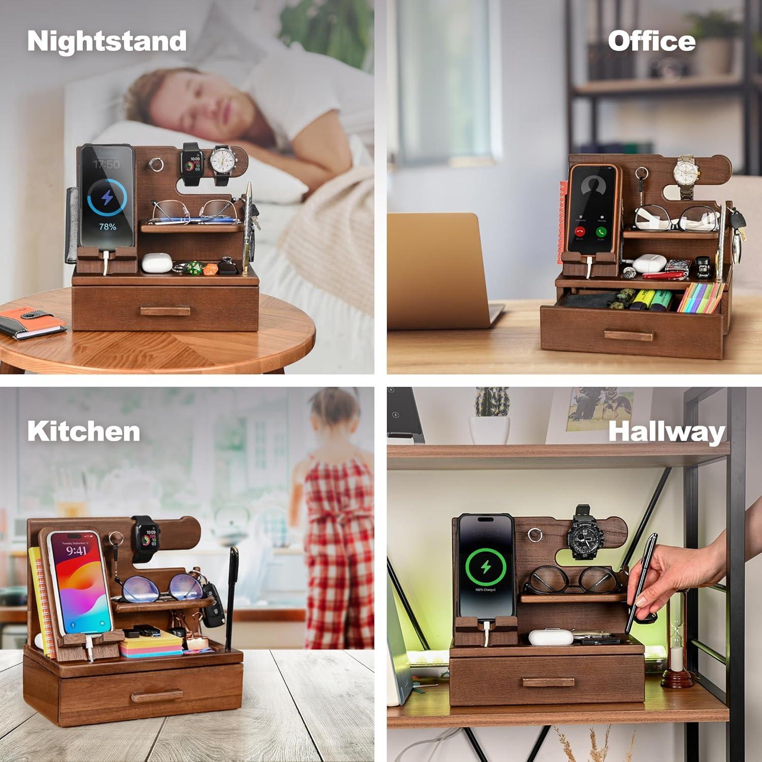 Estación de Carga de Madera Teslyar con Cajón - Organizador Multifuncional