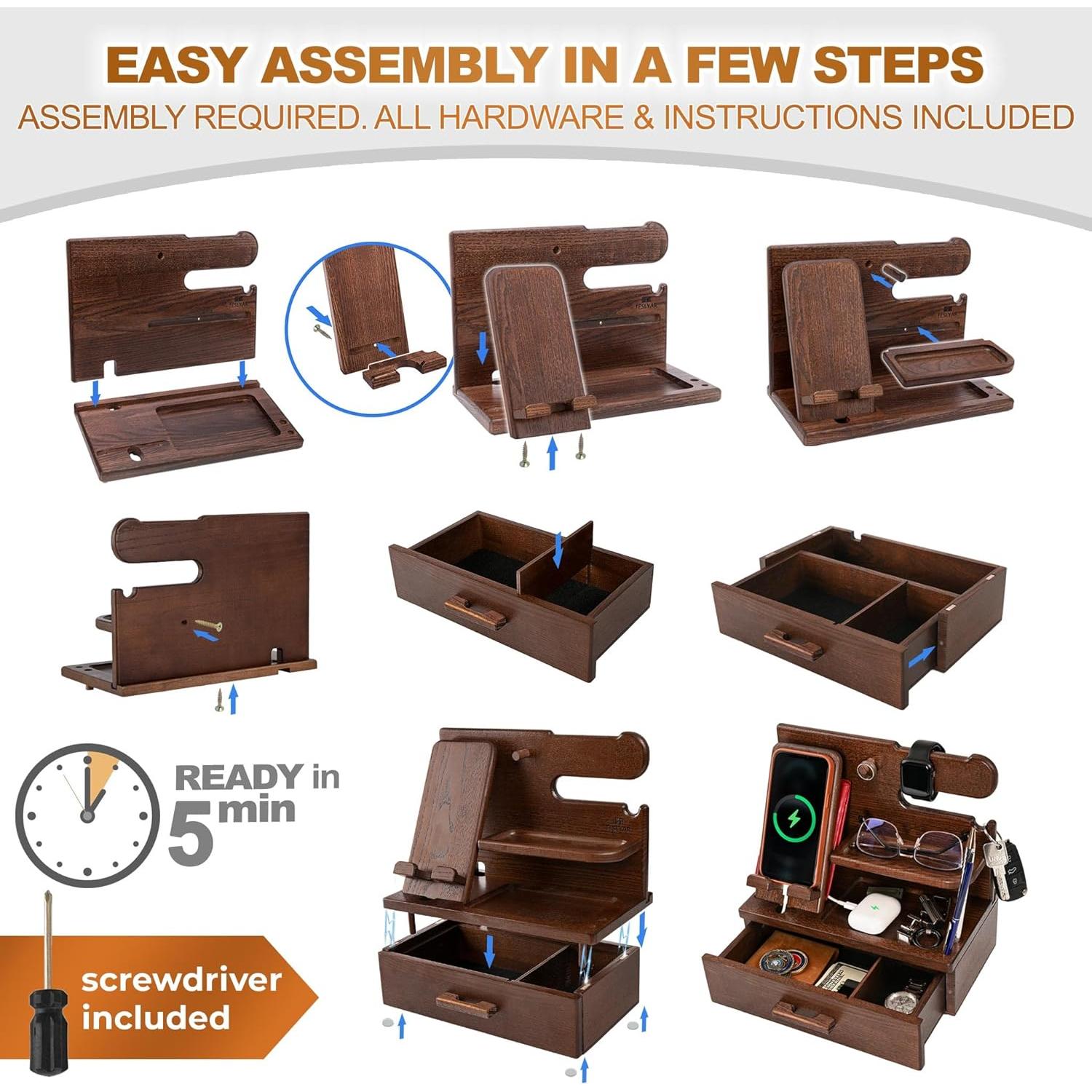 Estación de Carga de Madera Teslyar con Cajón - Organizador Multifuncional