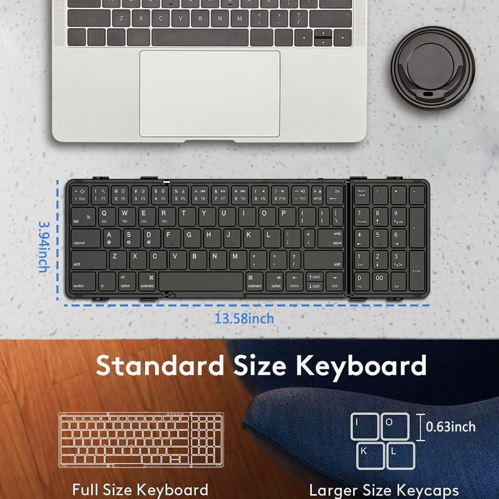 Blesid Foldable Bluetooth Keyboard with Number pad, Seamless, Ultra Light(8.3oz) Full Size Folding Wireless Keyboard with Numeric keypad, Windows, Mac OS, iOS, Android, Tablets, Laptops, PC