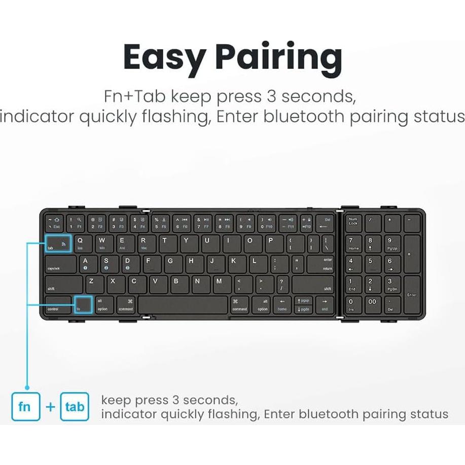 Blesid Foldable Bluetooth Keyboard with Number pad, Seamless, Ultra Light(8.3oz) Full Size Folding Wireless Keyboard with Numeric keypad, Windows, Mac OS, iOS, Android, Tablets, Laptops, PC