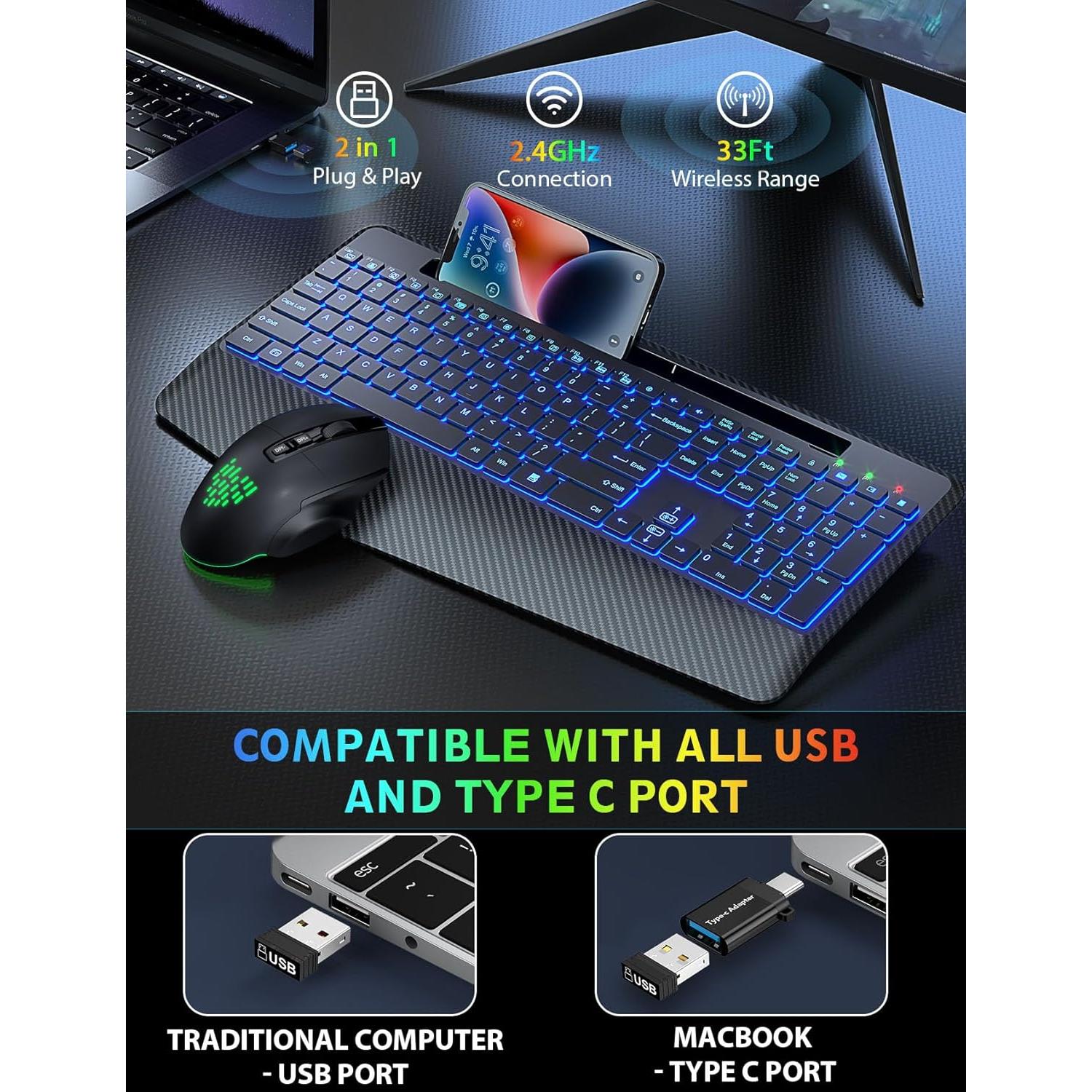 Combo Teclado y Ratón Inalámbricos SABLUTE Negro Ergonómico