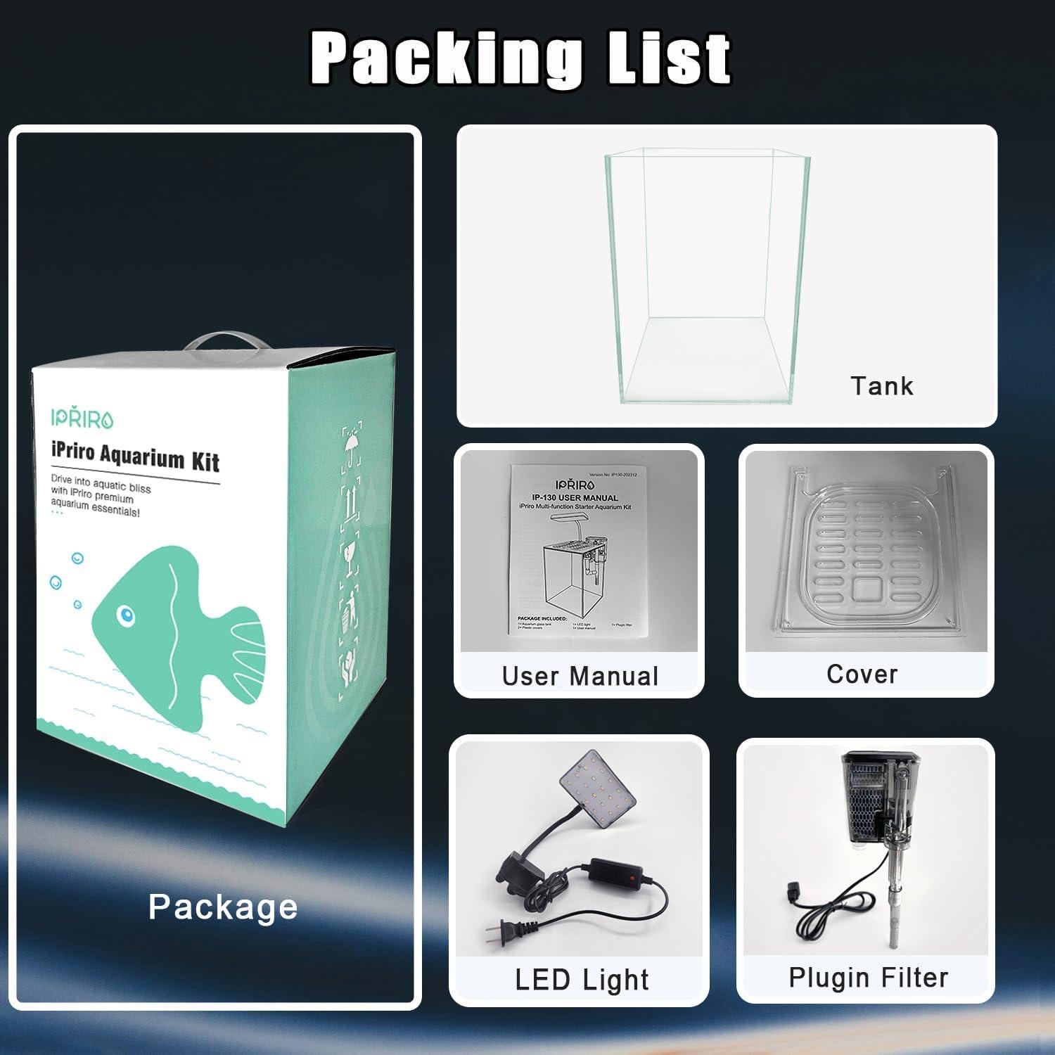 Acuario de Vidrio iPriro 1.5 Galones con Luz LED y Filtro