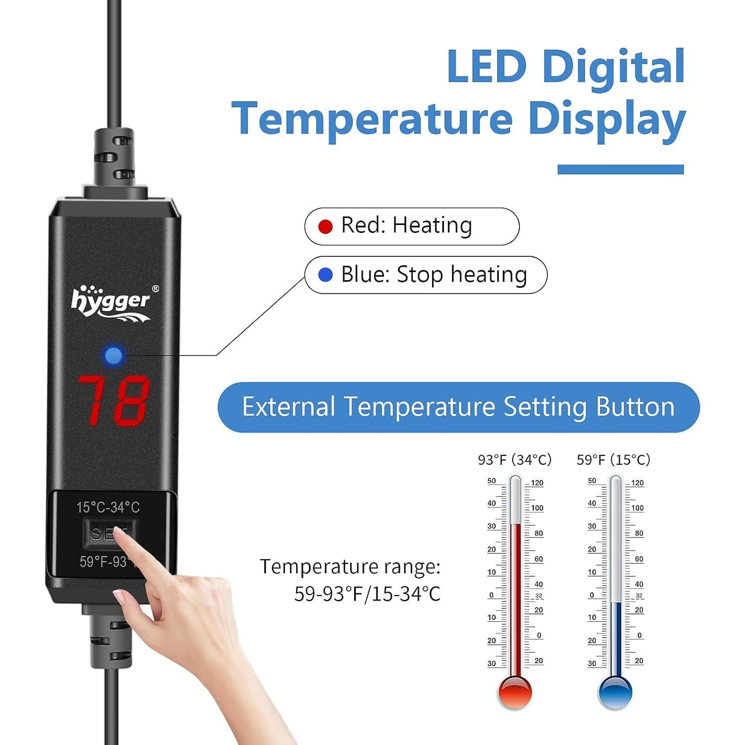 Calentador de Acuario Hygger 10W Sumergible con Pantalla LED