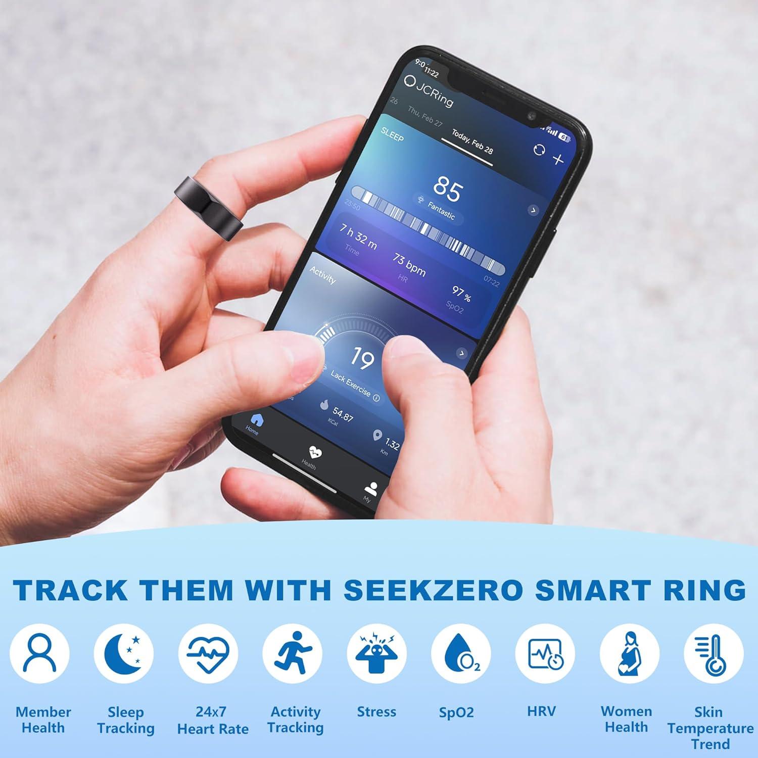 Anillo Inteligente SEEKZERO Negro Tamaño 9 Monitoreo Salud