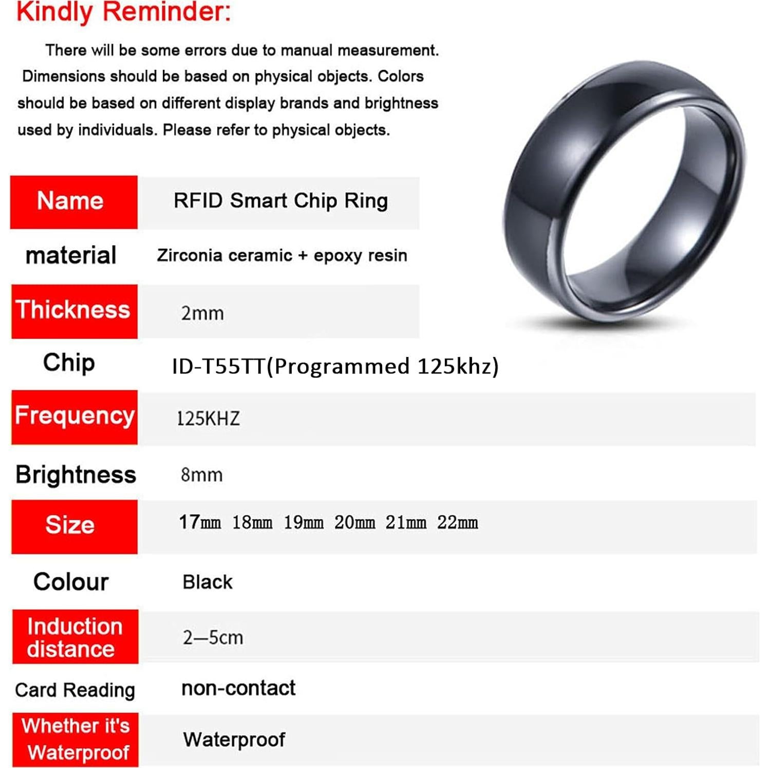 Anillo inteligente RFID Hecere T5577 21mm cerámico negro