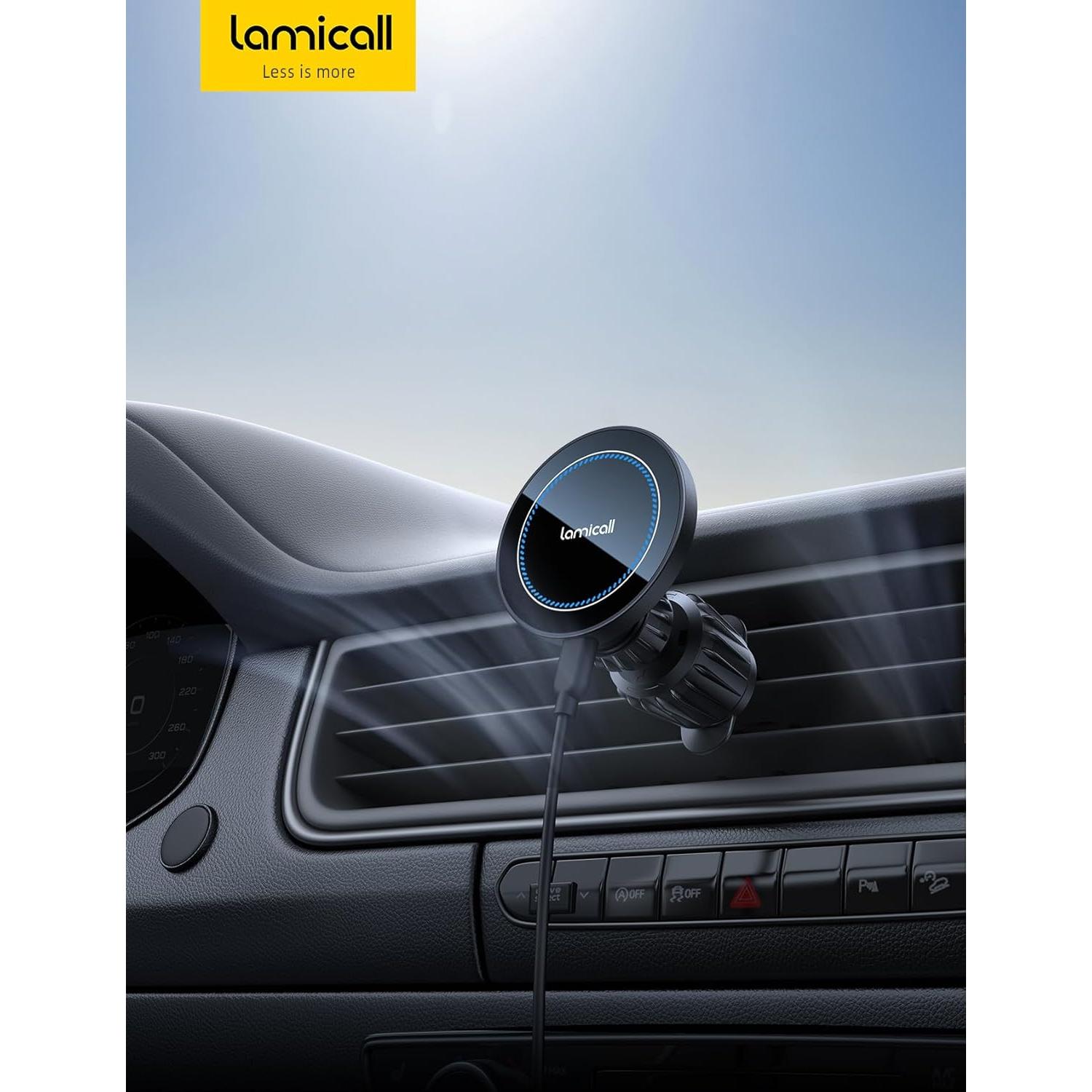 Soporte Cargador Auto Lamicall MagSafe 15W Negro