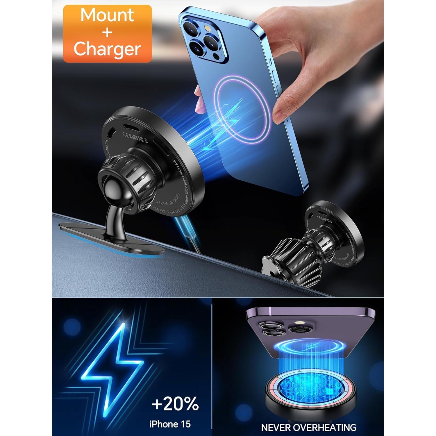 Cargador Inalámbrico MagSafe Kaistyle 15W para Auto - Soporte 2 en 1