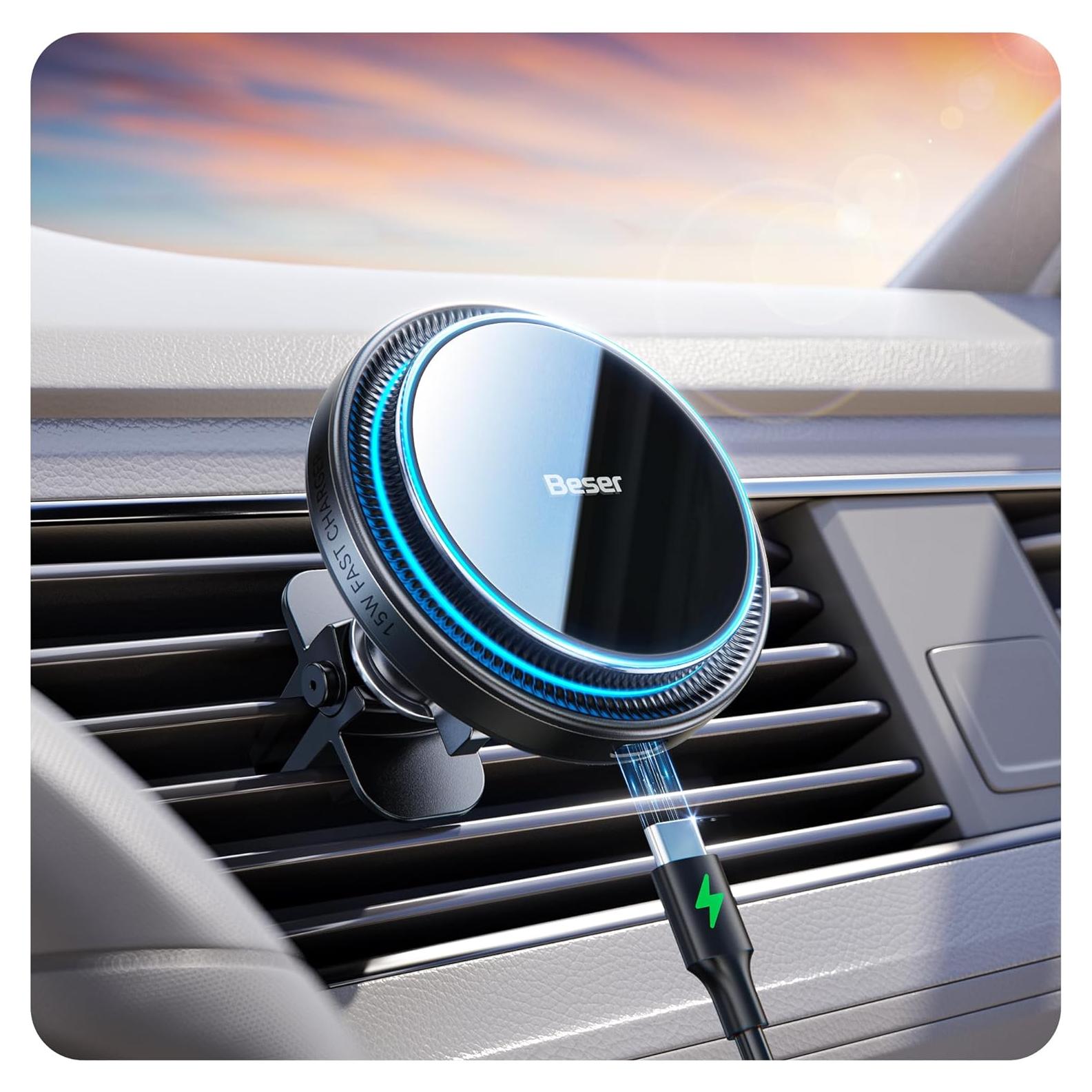 Cargador de coche magnético Qi Beser 15W para iPhone 16/15/14/13/12
