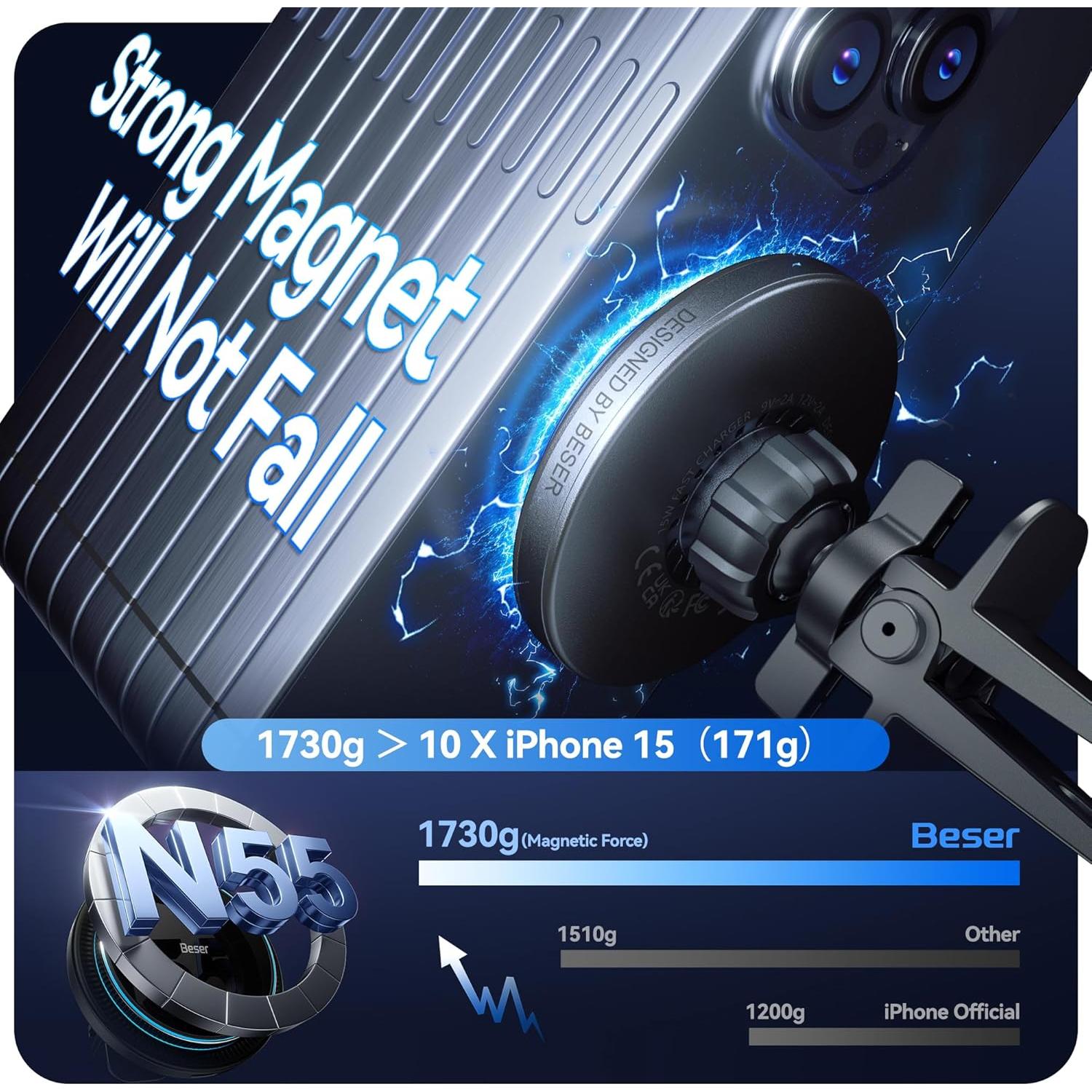Cargador de coche magnético Qi Beser 15W para iPhone 16/15/14/13/12