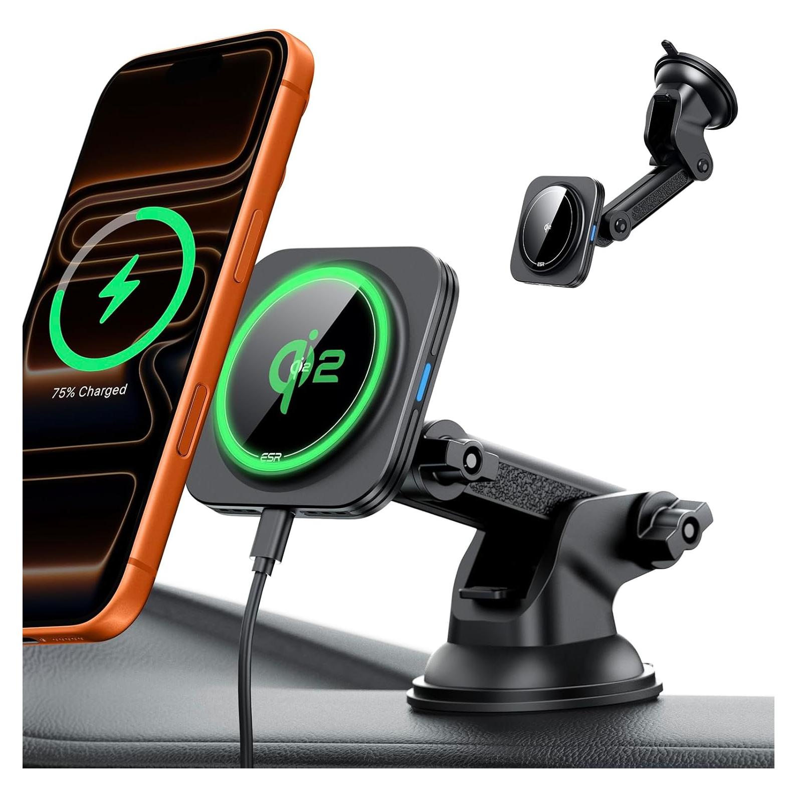 Cargador de Coche Inalámbrico ESR Qi2 15W Magnético con Ventosa