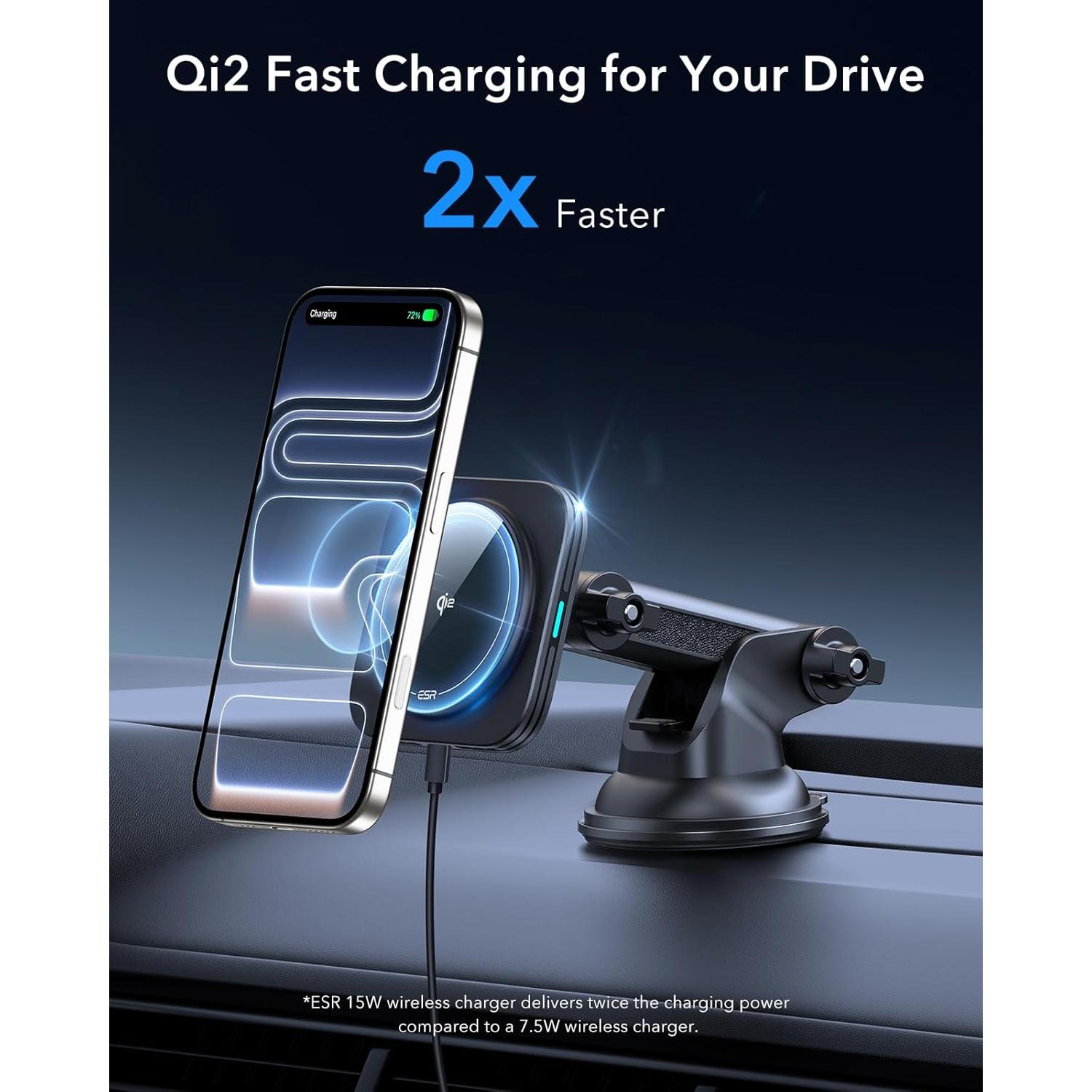 Cargador de Coche Inalámbrico ESR Qi2 15W Magnético con Ventosa