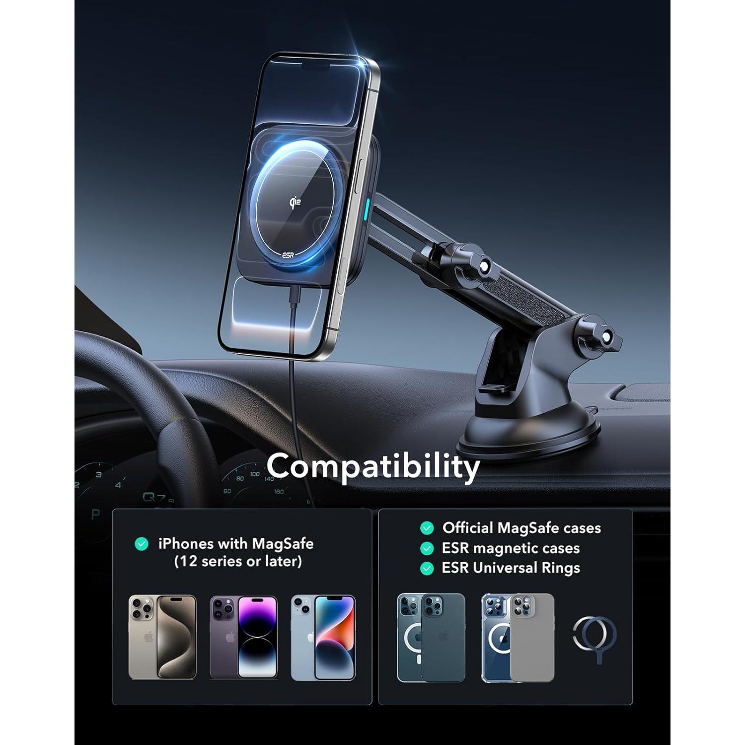 Cargador de Coche Inalámbrico ESR Qi2 15W Magnético con Ventosa