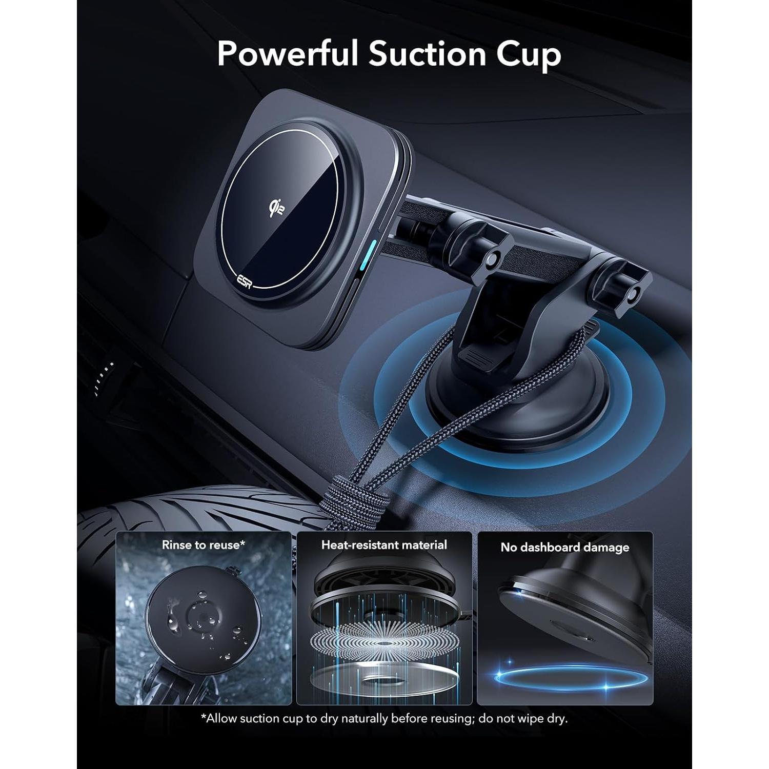 Cargador de Coche Inalámbrico ESR Qi2 15W Magnético con Ventosa