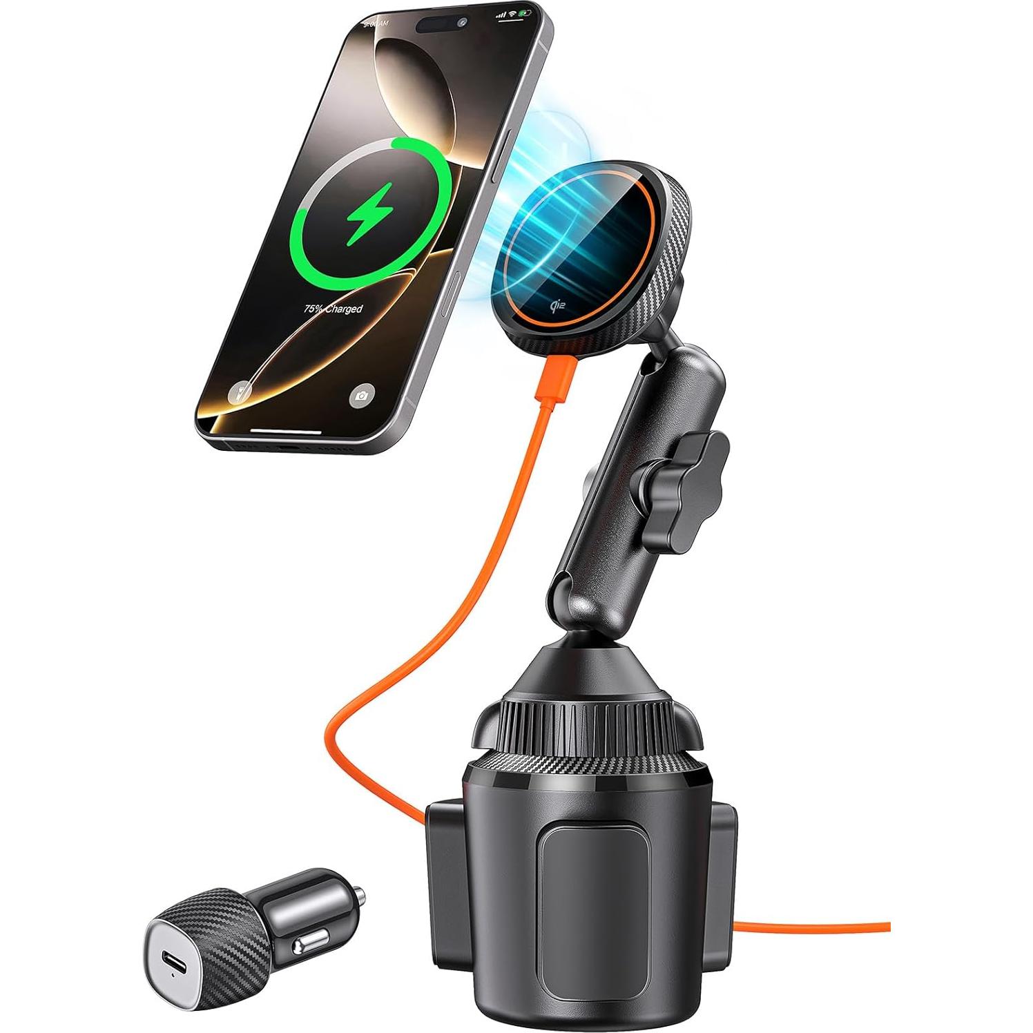 for Qi2 15W Magsafe Car Mount Charger, Phone Holder Car Cup Holder Wireless Car Charger Heat Dissipation System, Fast Charging Magnetic Phone Holder for iPhone 16 15 14 13 12 [with PD Adapter]