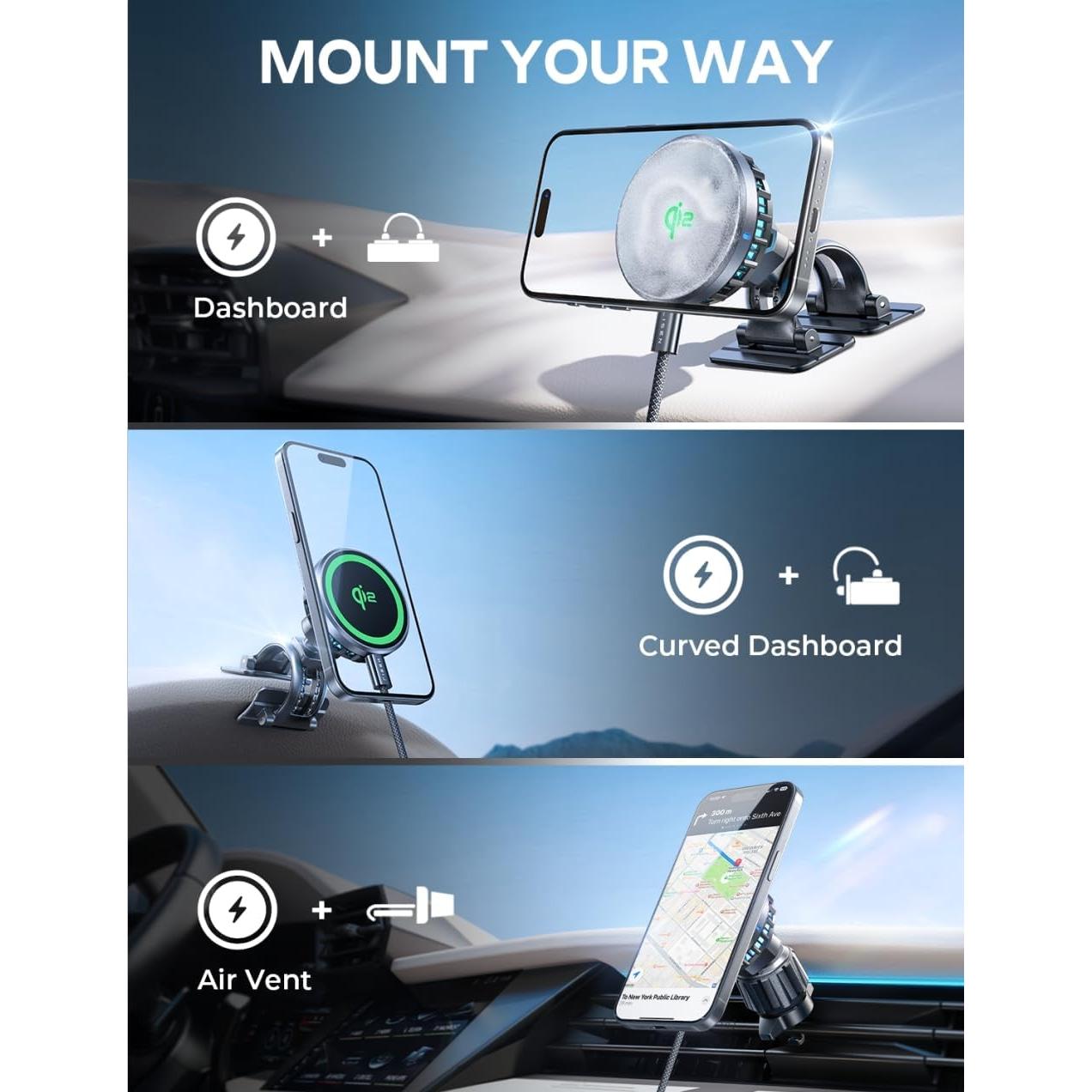 LISEN for Qi2 15W MagSafe Car Mount Charger, [Rapid Cooling Drop 17 ℉ in Minutes] Wireless Magnetic Car Mount for iPhone Car Charger, Includes Vent/Dashboard Phone Holder & Fast Car Charger USB C