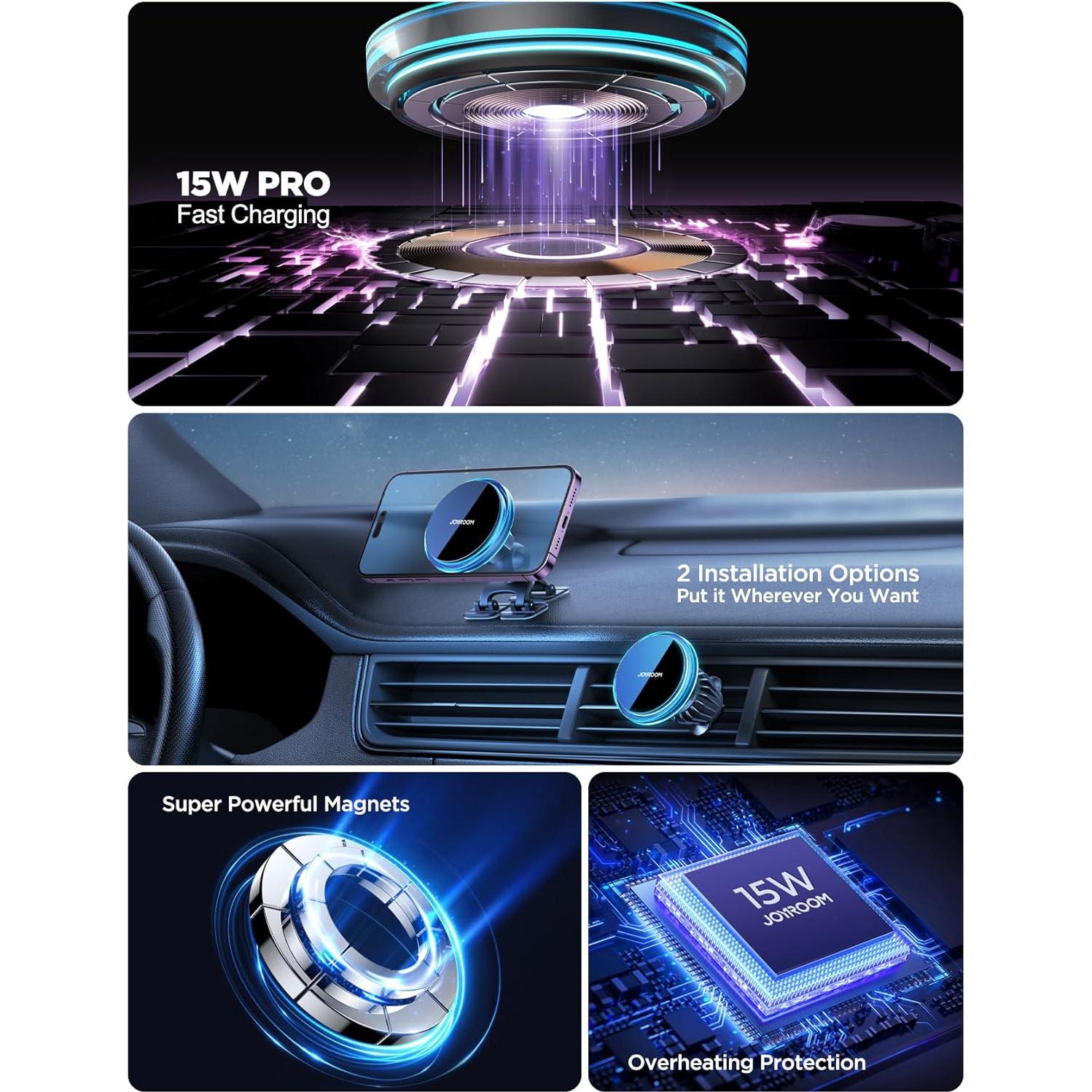 JOYROOM for MagSafe Car Mount Charger, 2025 Upgraded 15W Fast Charging Magnetic Wireless Car Charger Suitable for [Vent+Dash+Wall],for Magsafe Charger Car Phone Holder Mount for iPhone 16 Pro/15/14/13