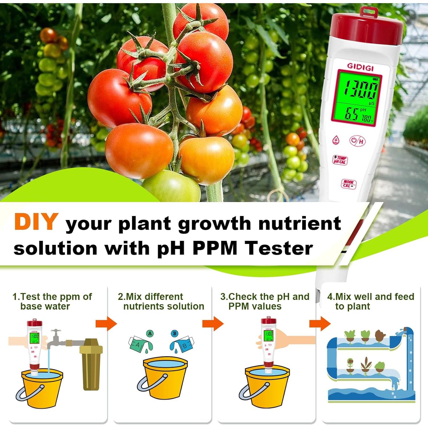 Medidor de pH 4 en 1 GIDIGI con calibración y pantalla