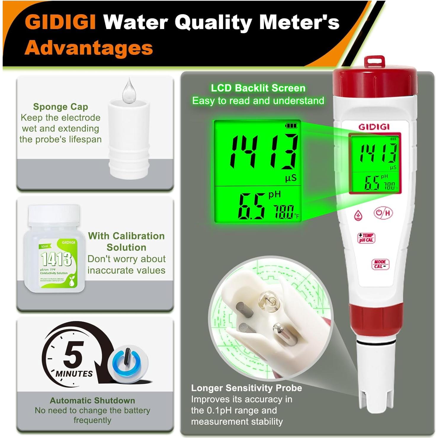 Medidor de pH 4 en 1 GIDIGI con calibración y pantalla