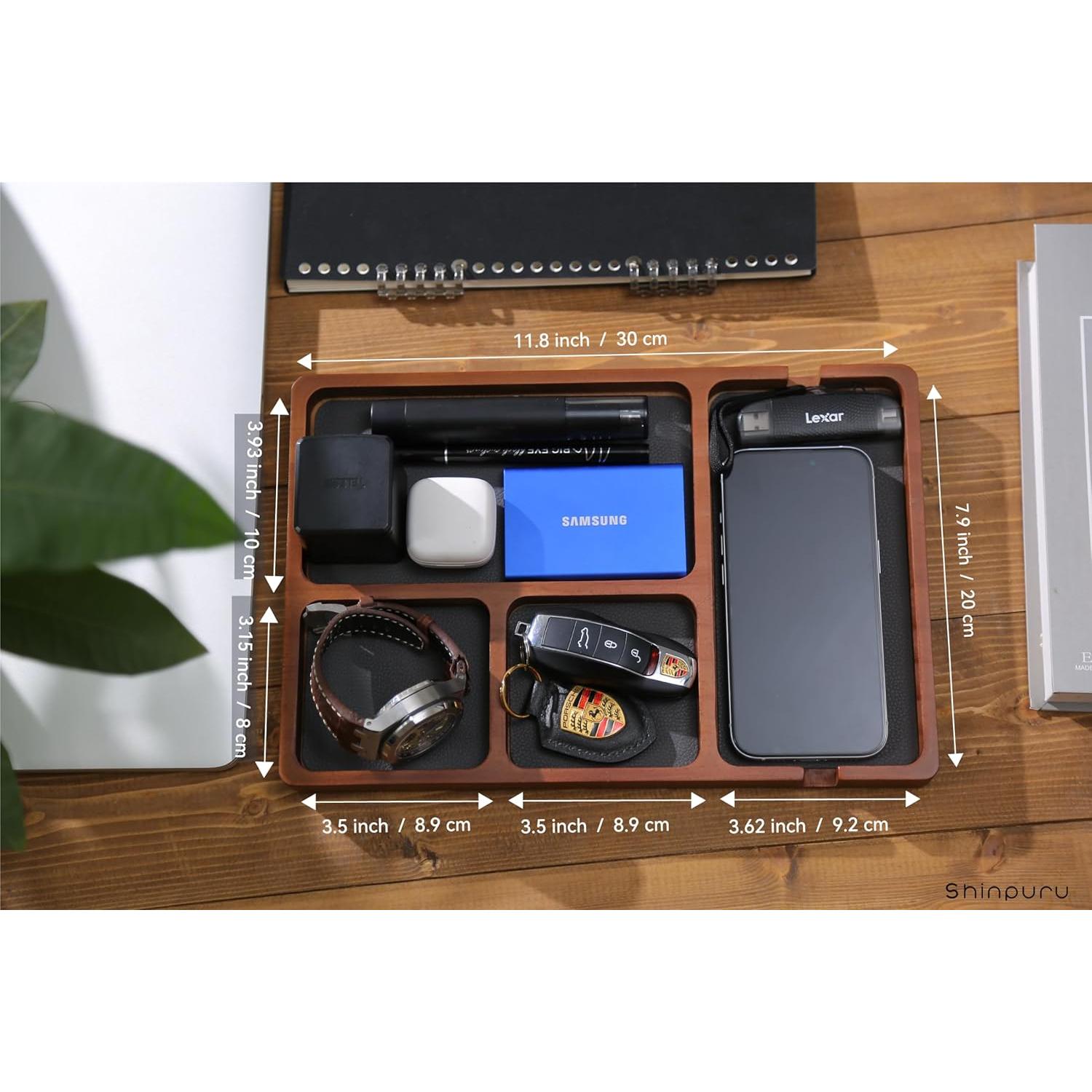 Bandeja de Valet de Madera Shinpuru con Cuero - Organizador EDC