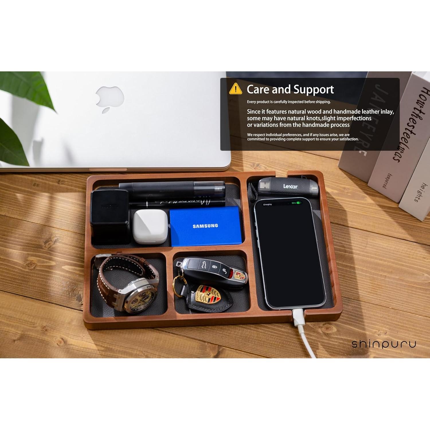 Bandeja de Valet de Madera Shinpuru con Cuero - Organizador EDC