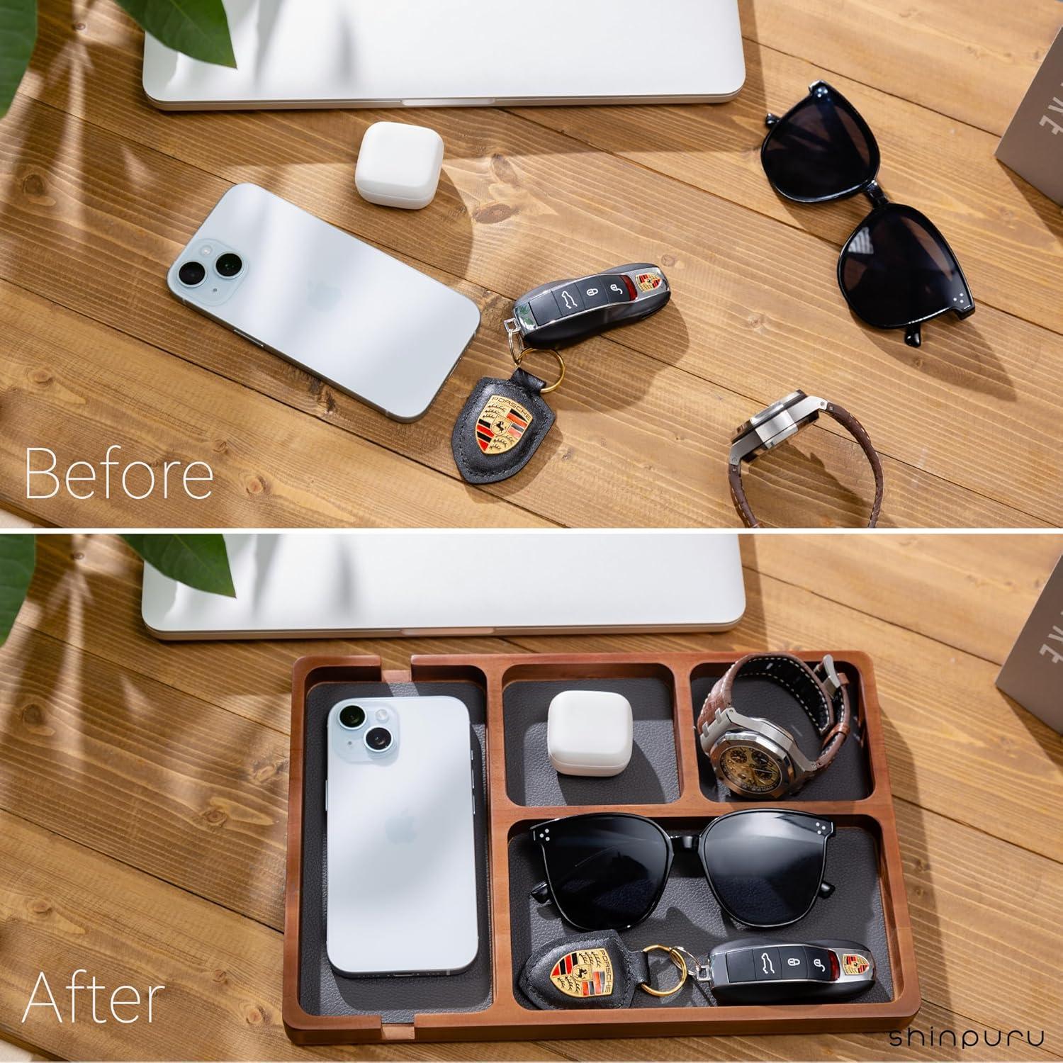 Bandeja de Valet de Madera Shinpuru con Cuero - Organizador EDC