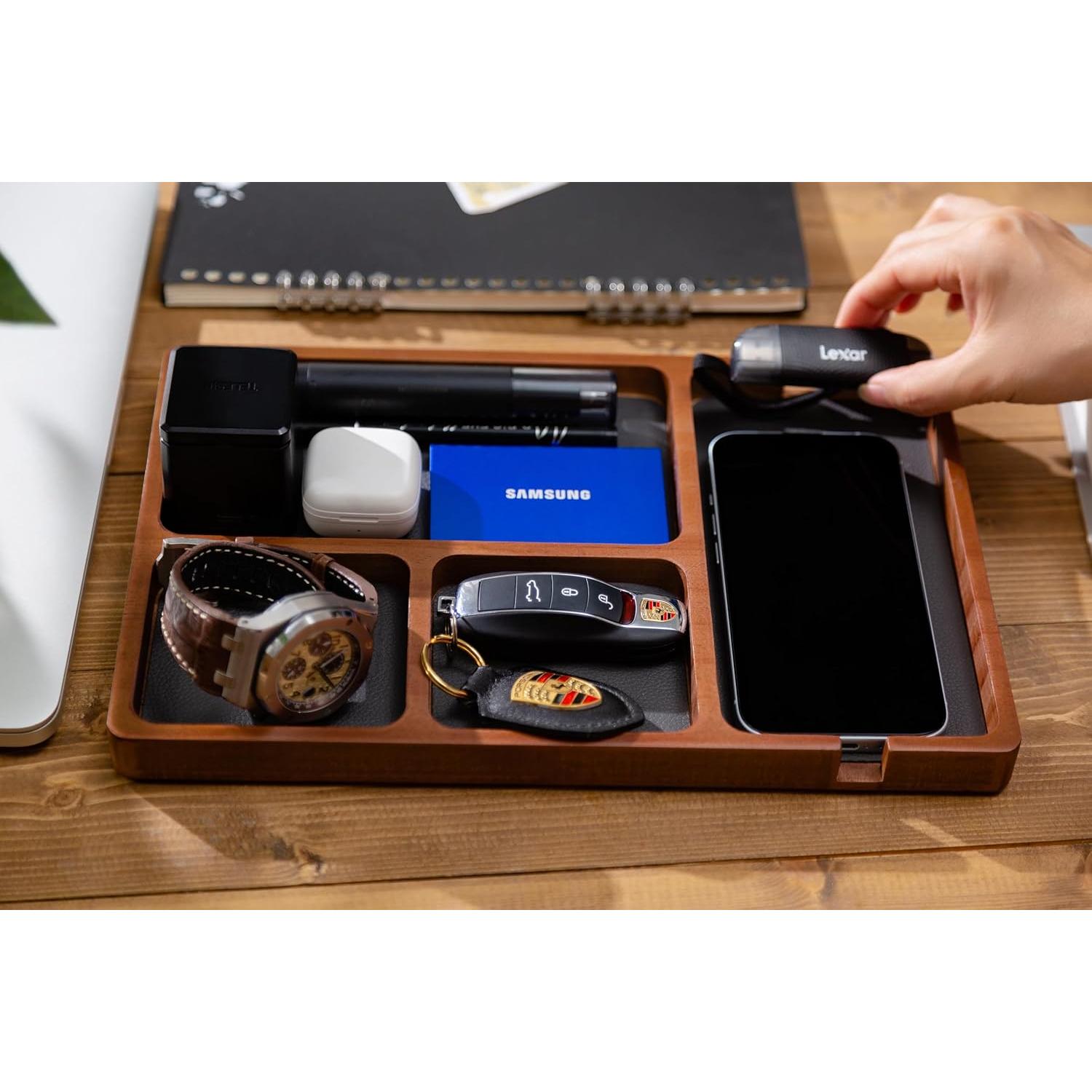 Bandeja de Valet de Madera Shinpuru con Cuero - Organizador EDC