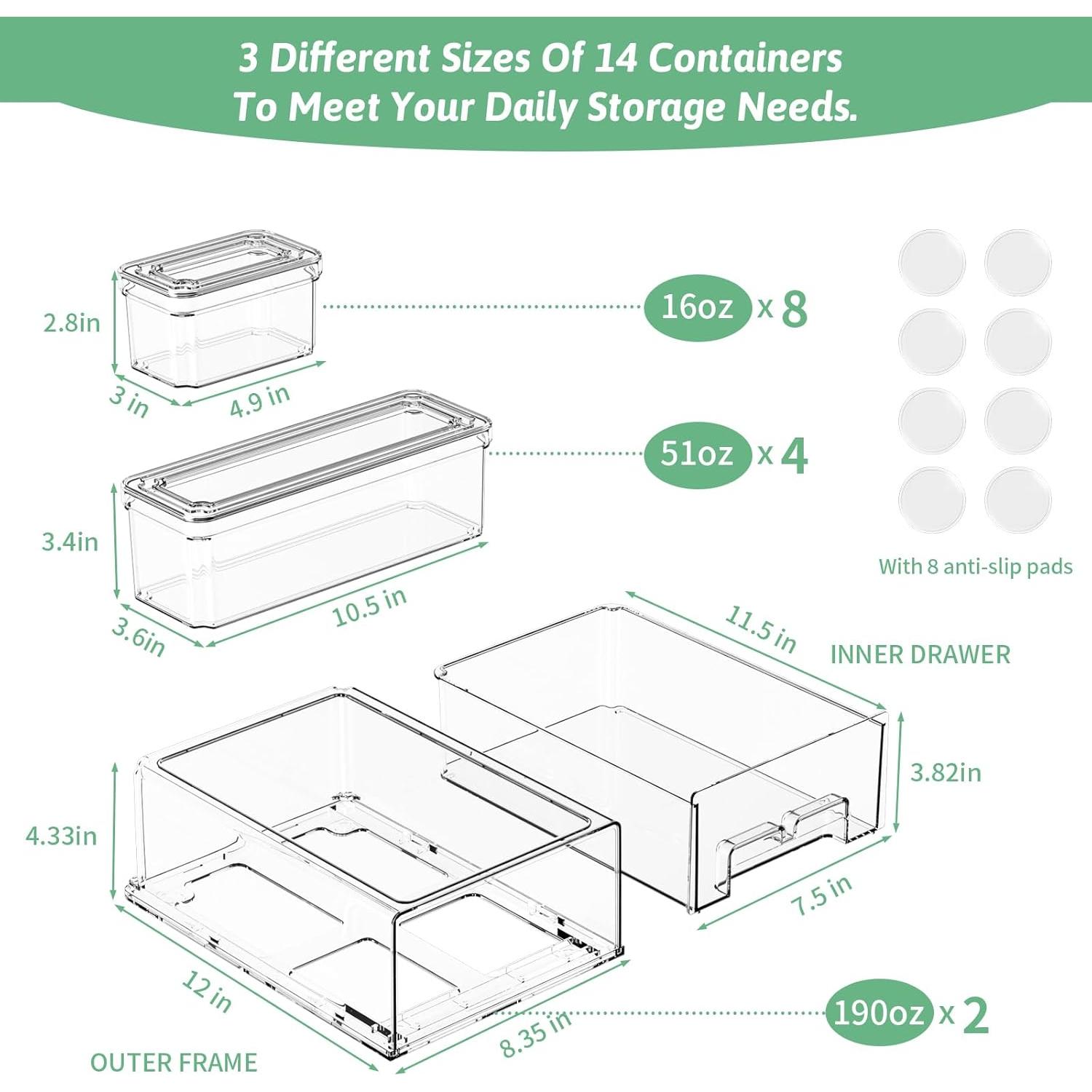14 Organizadores de Refrigerador DAMYNUO - Contenedores Apilables