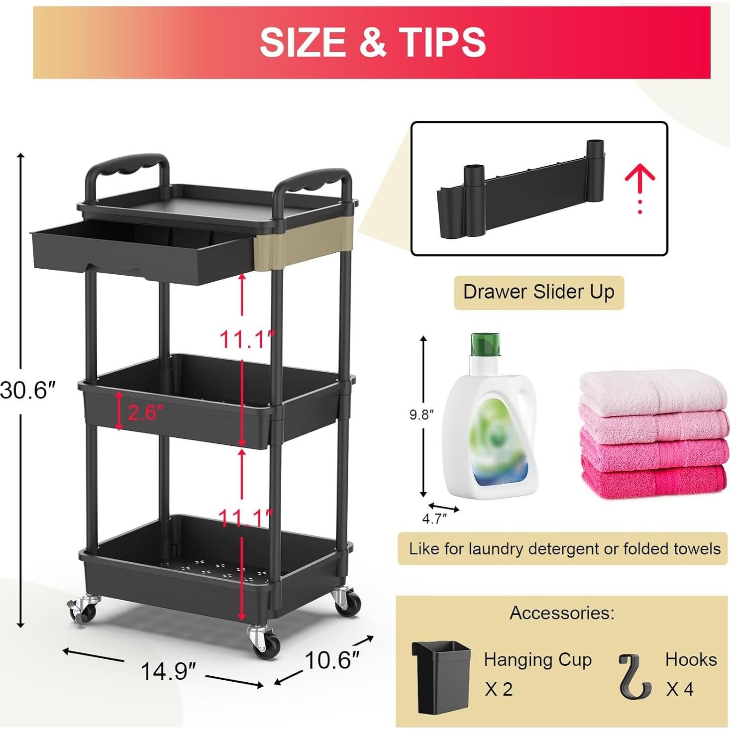Carro de Utilidad Rodante 3 Niveles Goovilla Negro