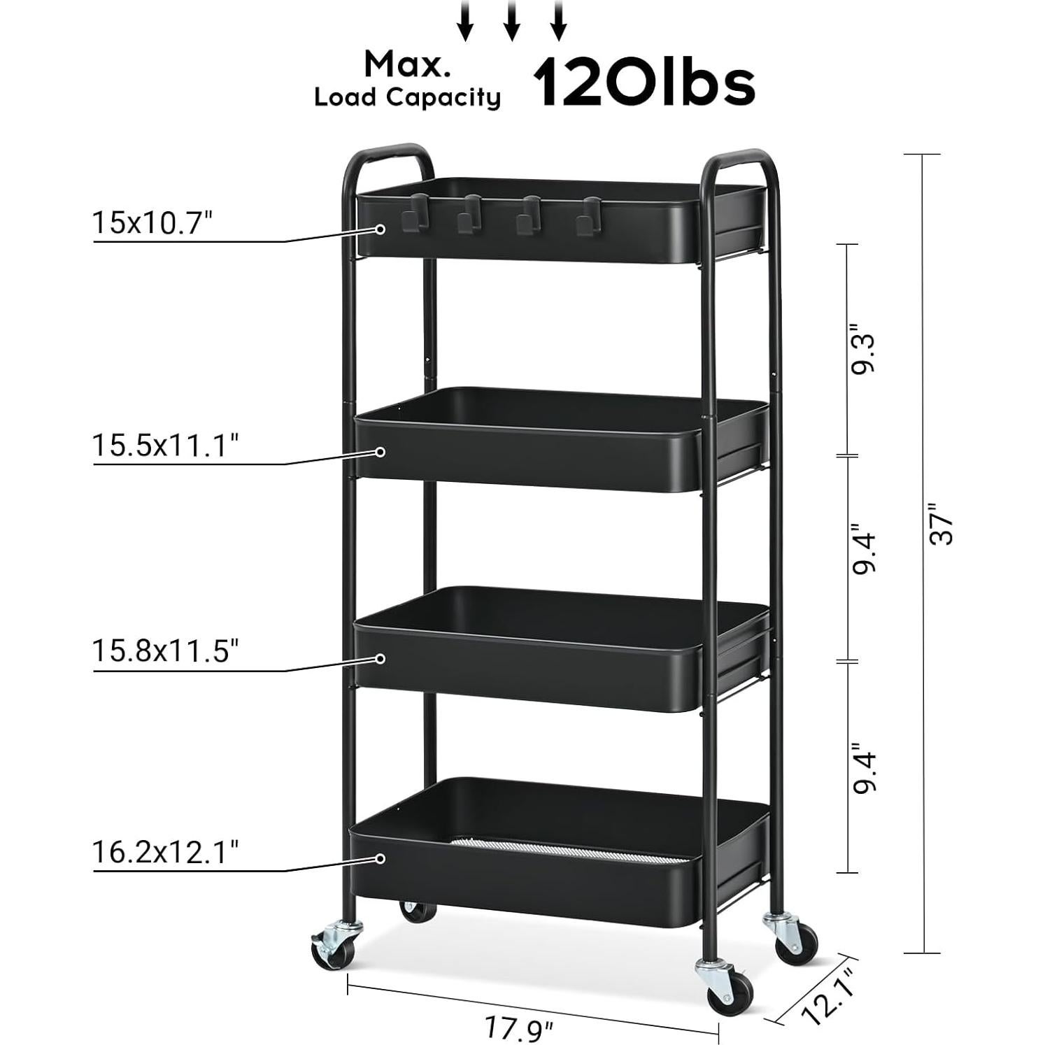 Carro Rodante de Metal TOOLF 4 Niveles Negro 59,87 kg
