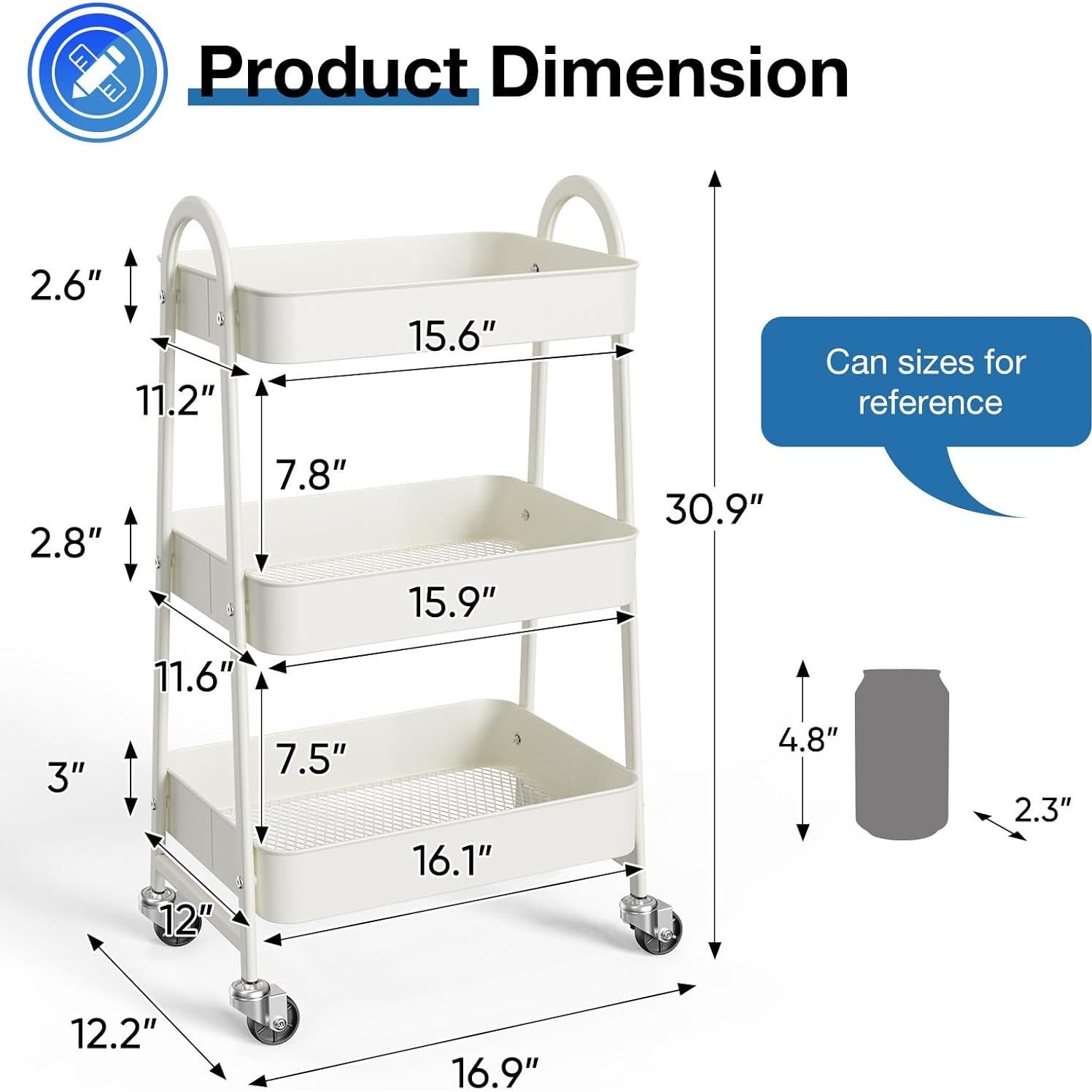 Carro Rodante de 3 Niveles OLIXIS Metal Blanco