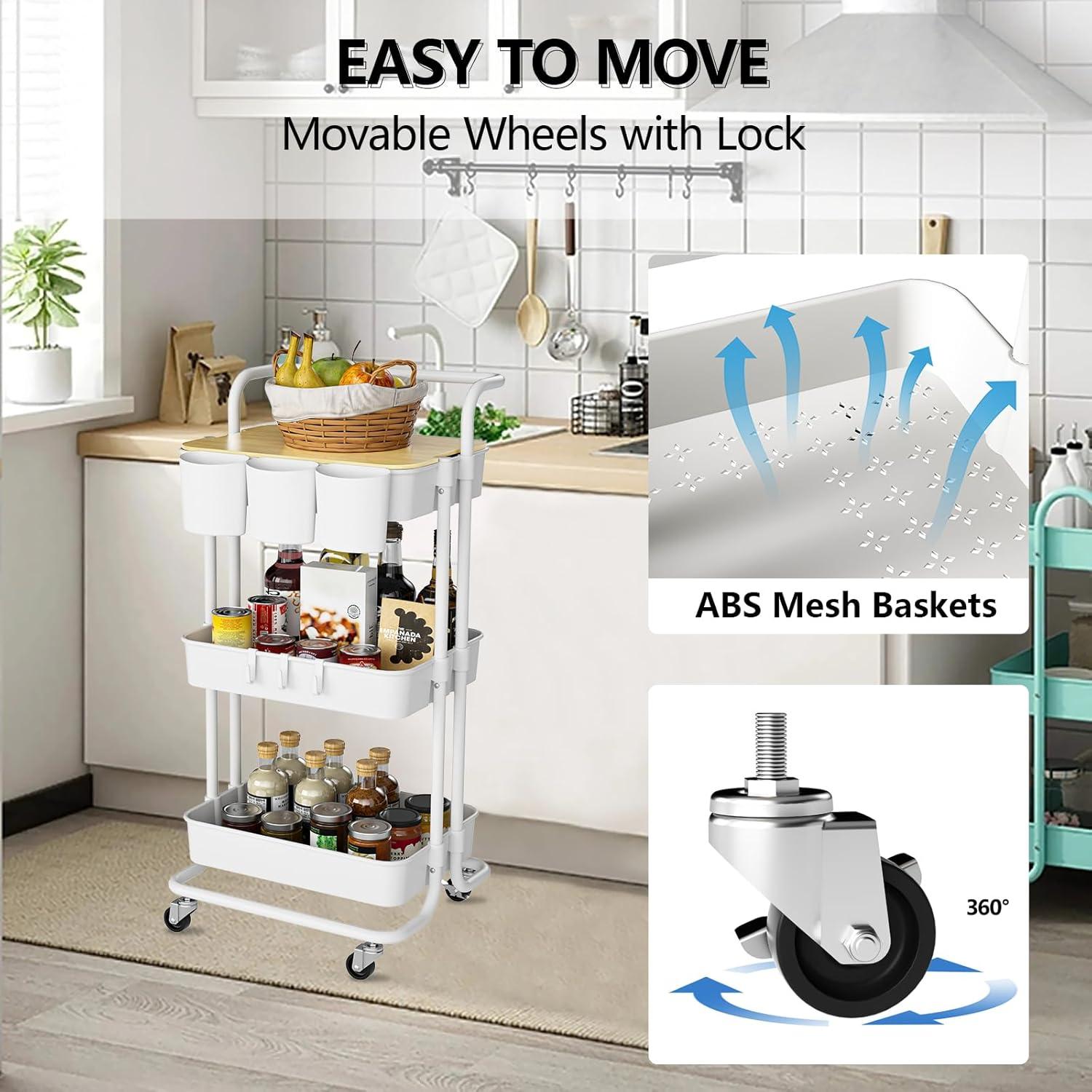 Carro Rodante de 3 Niveles NRSUEN Blanco con Ruedas