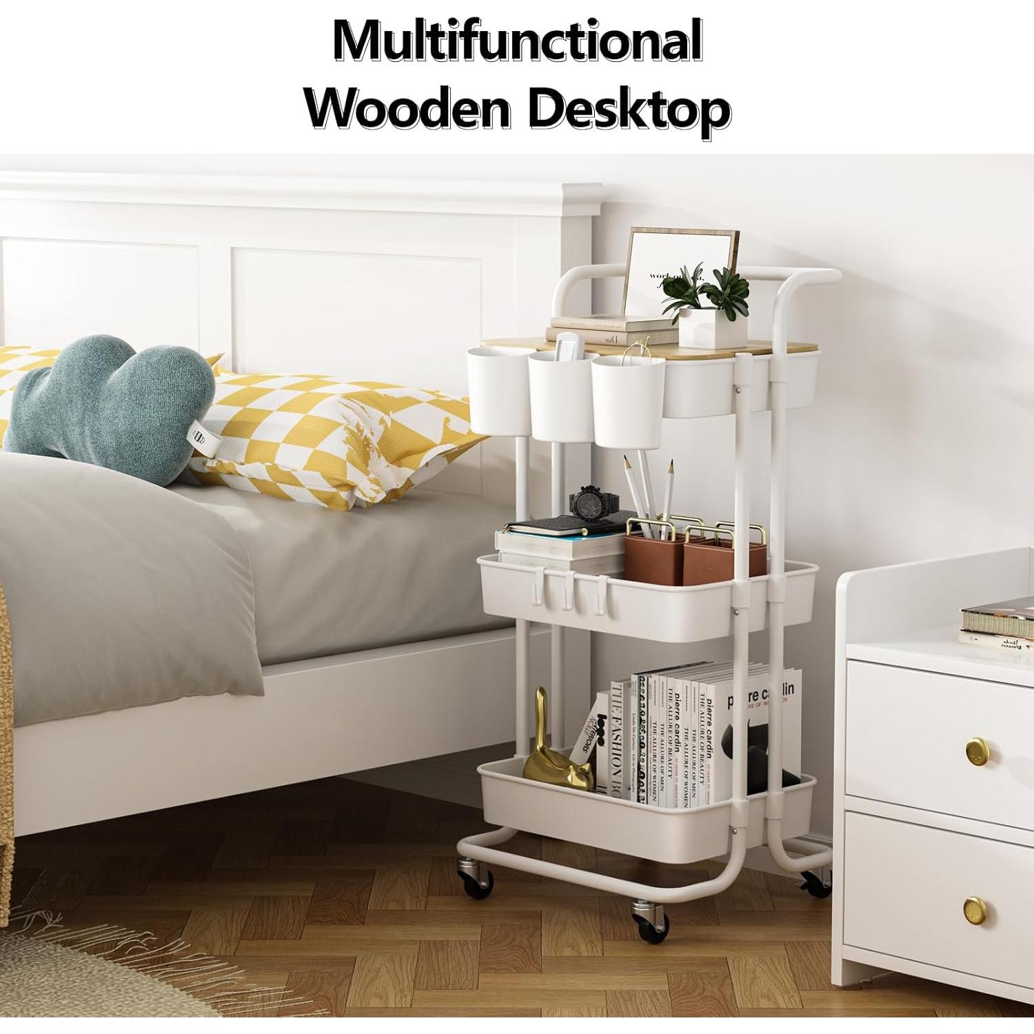 Carro Rodante de 3 Niveles NRSUEN Blanco con Ruedas