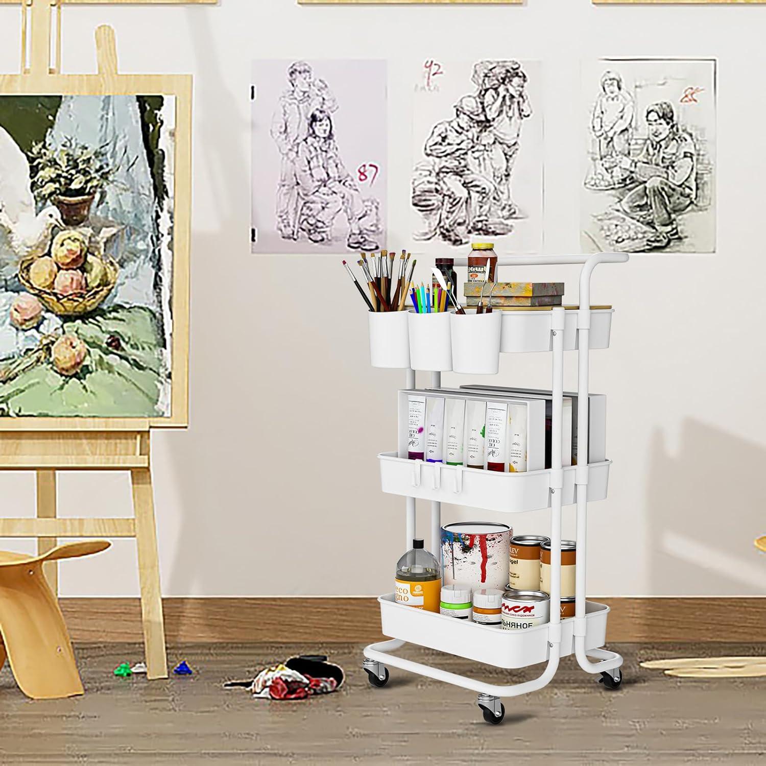 Carro Rodante de 3 Niveles NRSUEN Blanco con Ruedas