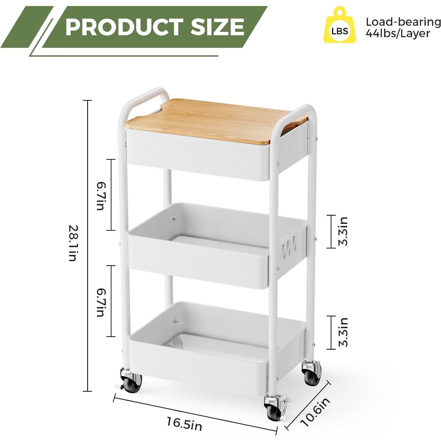 Carro Rodante de 3 Niveles Johgee Blanco con Mesa Superior
