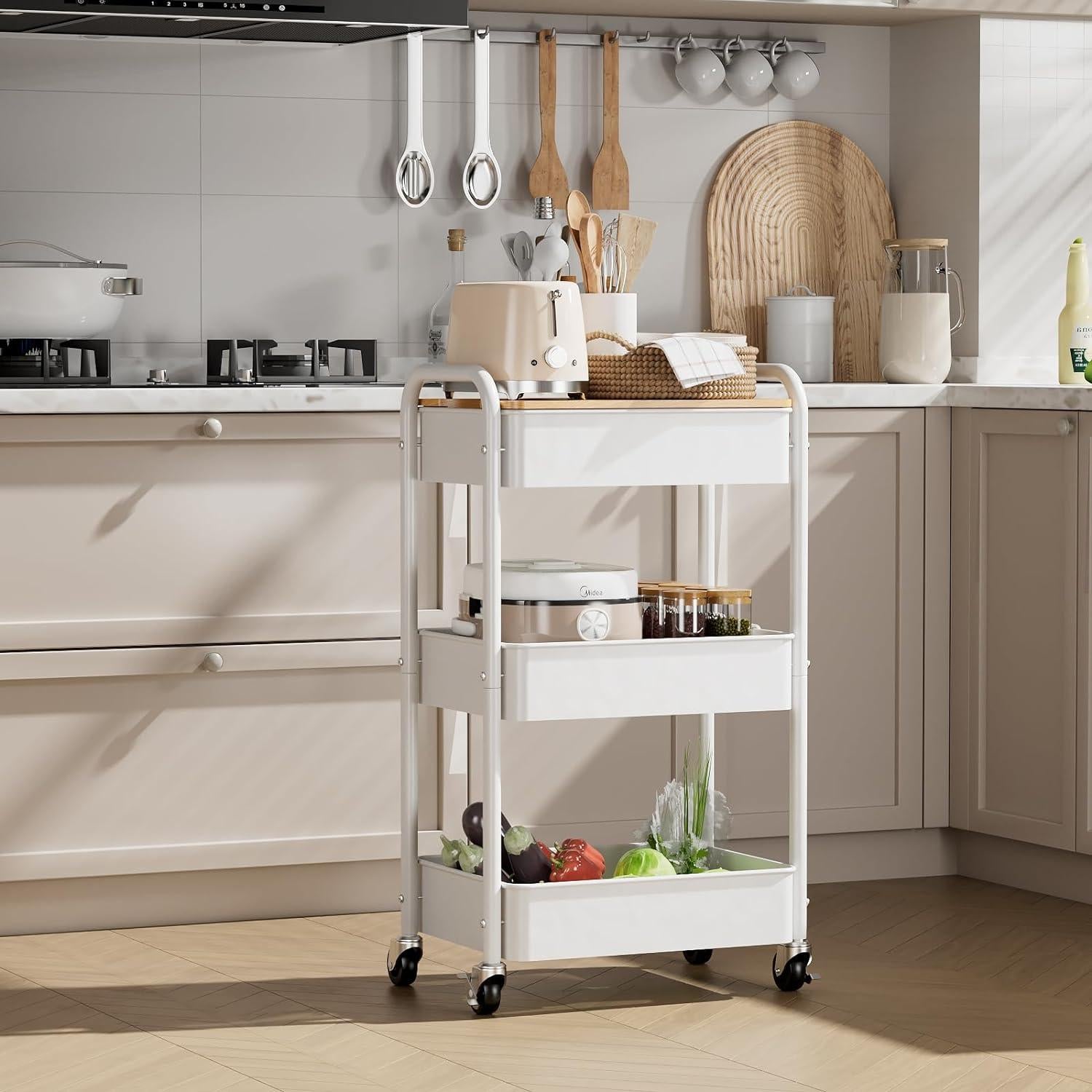 Carro Rodante de 3 Niveles Johgee Blanco con Mesa Superior