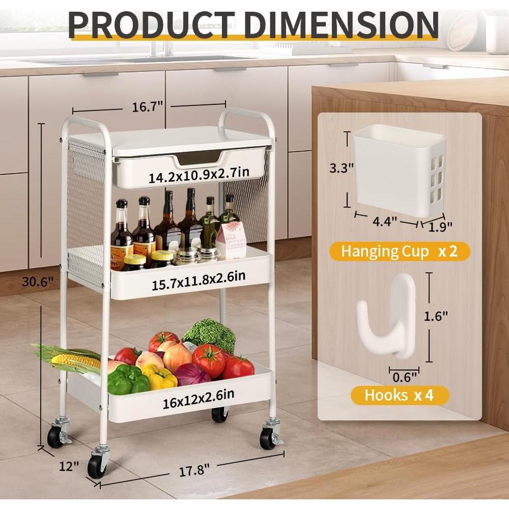 Carro Rodante de 3 Niveles CRUDATE con Cajón y Ruedas