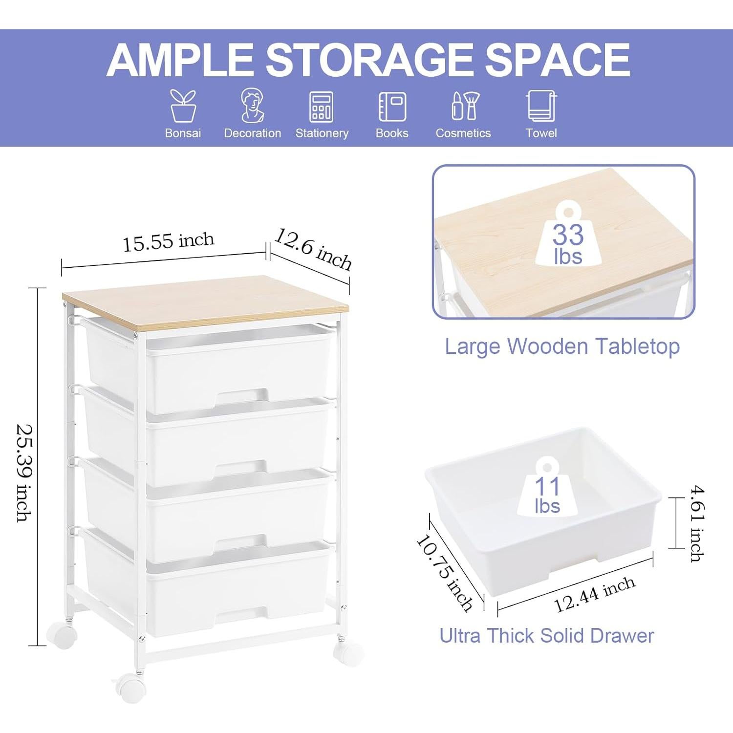Carro de Almacenamiento Rodante SYKIARIOL 4 Cajones Blanco