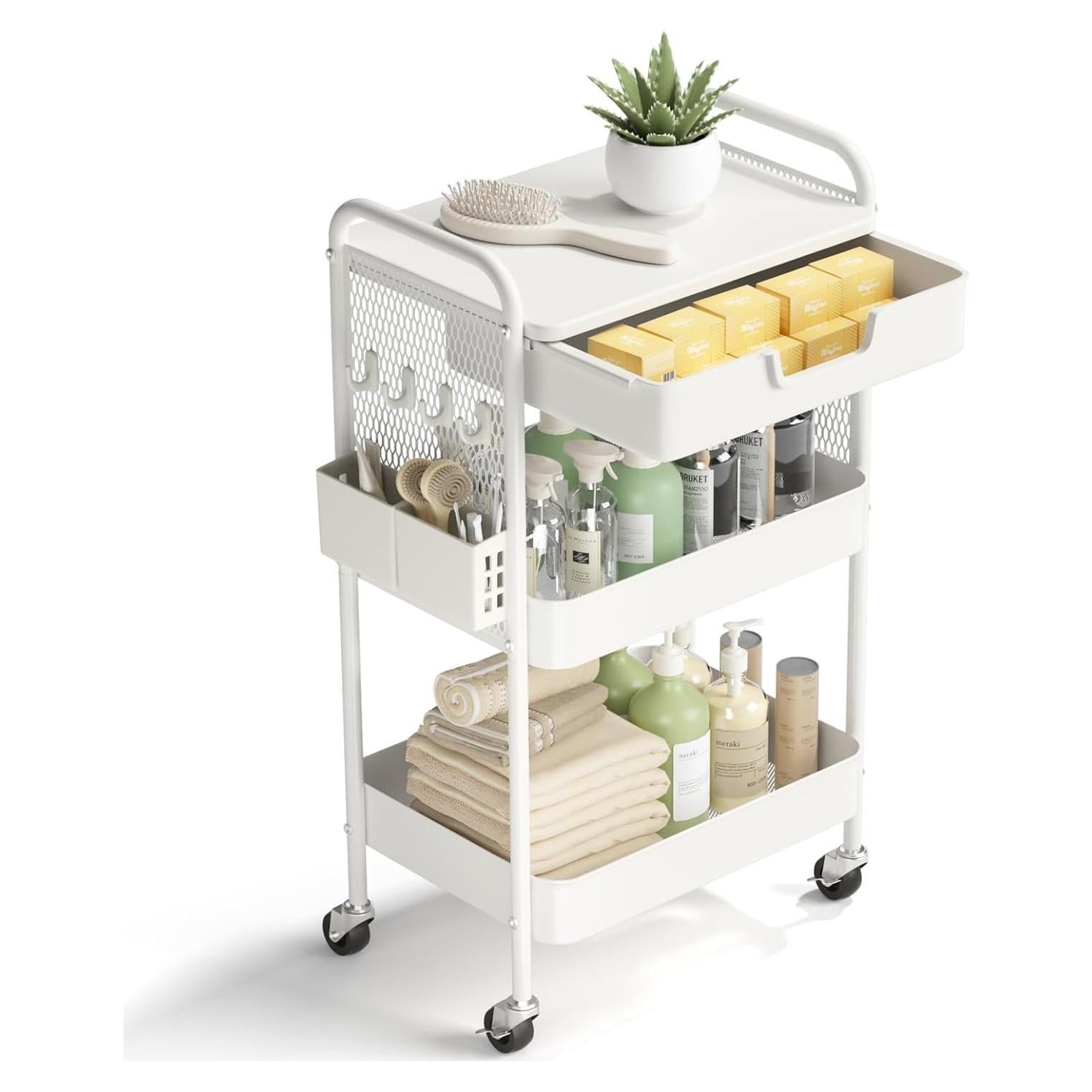 Carro Rodante de 3 Niveles HIDODO Blanco con Cajón y Ruedas