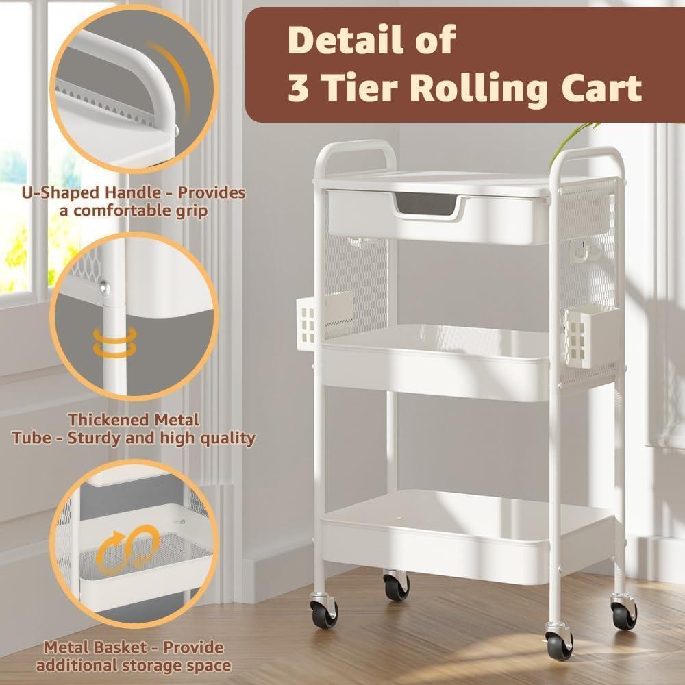 Carro Rodante de 3 Niveles HIDODO Blanco con Cajón y Ruedas