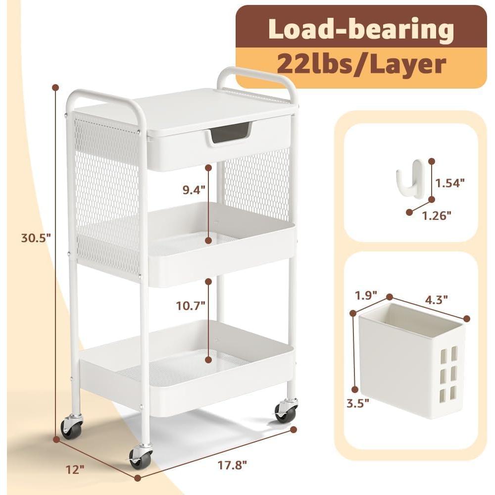 Carro Rodante de 3 Niveles HIDODO Blanco con Cajón y Ruedas