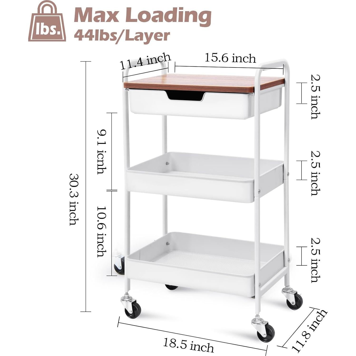 Carro de Utilidad Metálico TOOLF 3 Niveles Blanco con Cajón