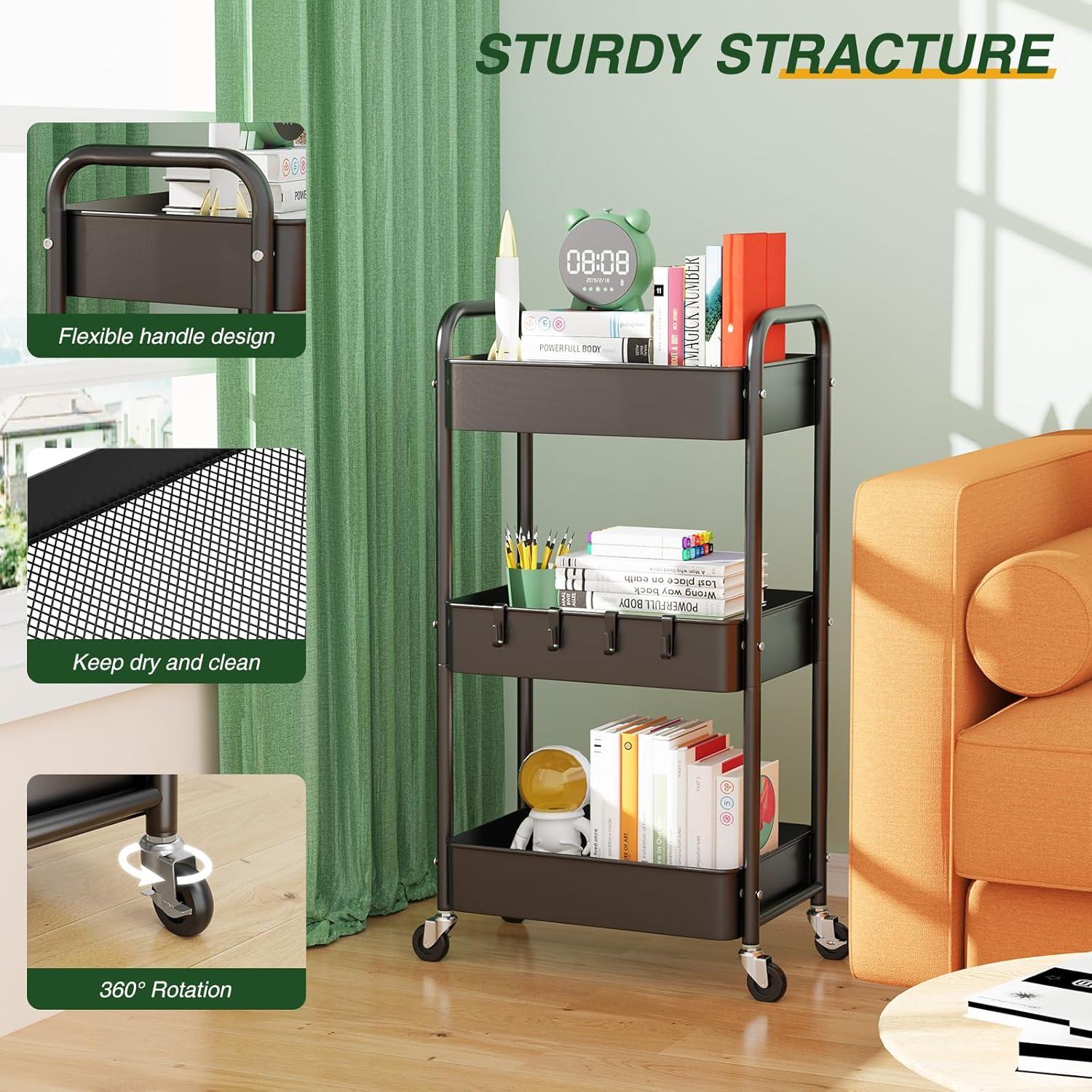 Carro de Utilidad Rodante LEHOM 3 Niveles Metal Negro